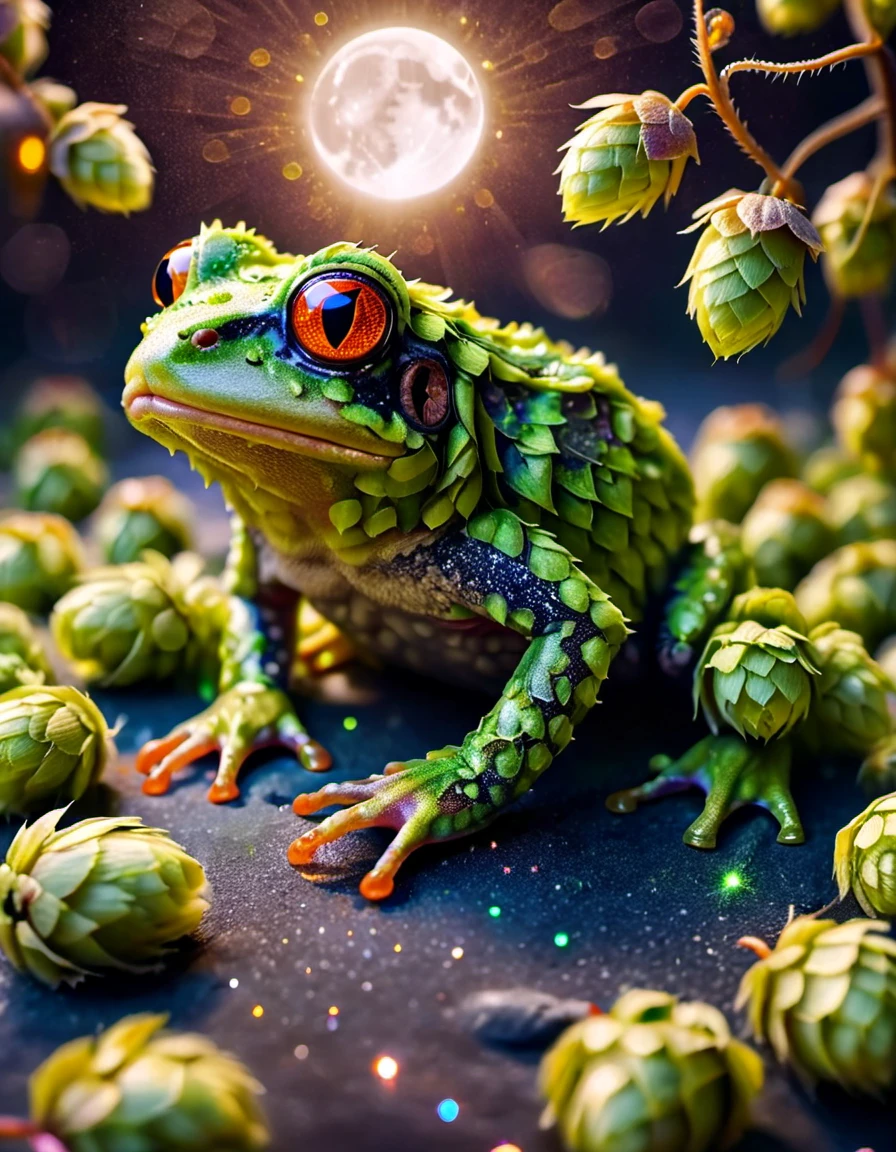 macro photo, a beautiful frog, glowing lights, beautiful magical sparkles, moon dust particulates, vibrant whimsical colors <lora:ral-hops:1> ral-hops