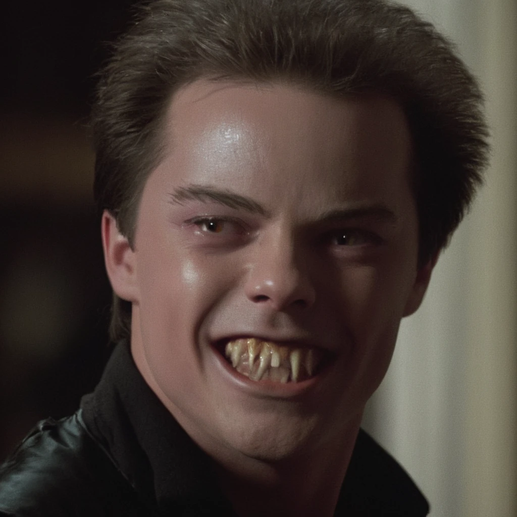 Horror-themed,  <lora:Evil Ed:0.8>
In the 1980's vampire human Evil Ed Stephen Geoffreys,19yo vampire with white vampire teeth,Vampire7,white makeup a man with a creepy smile on his face,solo,smile,short hair,open mouth,black hair,1boy,male focus,teeth,indoors,blurry,blurry background,facial hair,fangs,portrait,realistic , Horror themed, dark themed, Fright Night 1985 style, Eerie, unsettling, dark, spooky, suspenseful, grim, highly detailed