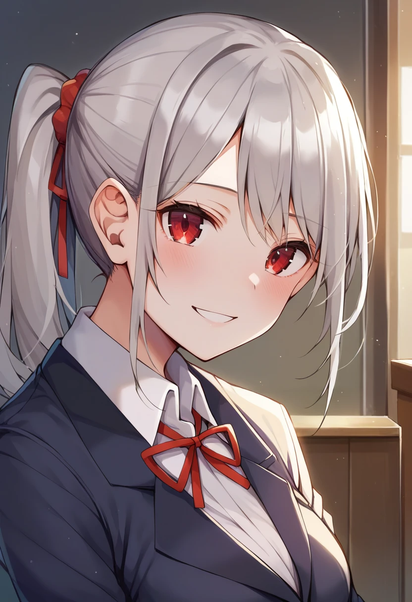 score_9, score_8_up, score_7_up, source_anime, 1girl,red eyes,smile, room, wariza, ponytail,grey hair, portrait, blazer,  <lora:Rouka-Style-PonyXL-000030:1>