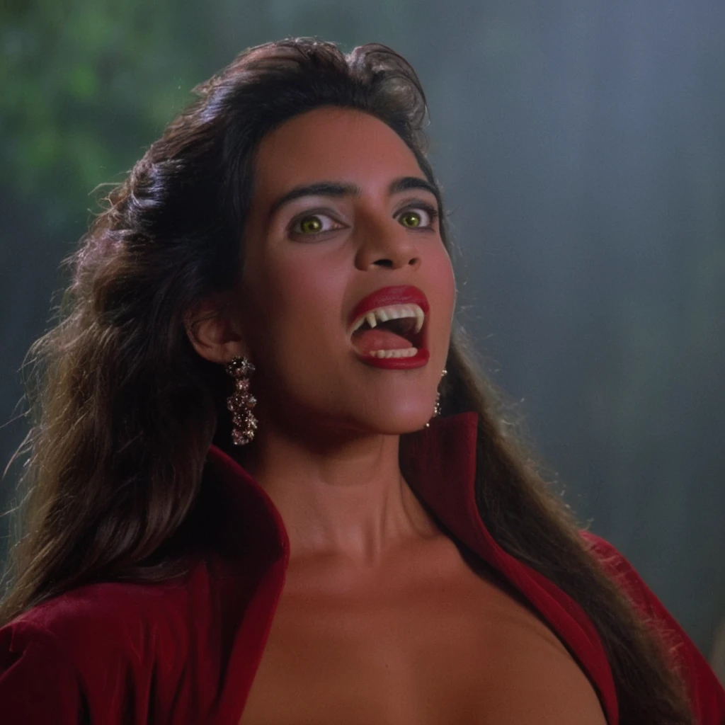 busty goblin wearing satin red dress, smiling big, big perfect teeth, big breasts, deep cleavage, green skin tone, long pointy ears, evil laugh, evil sexy eyes, biting down