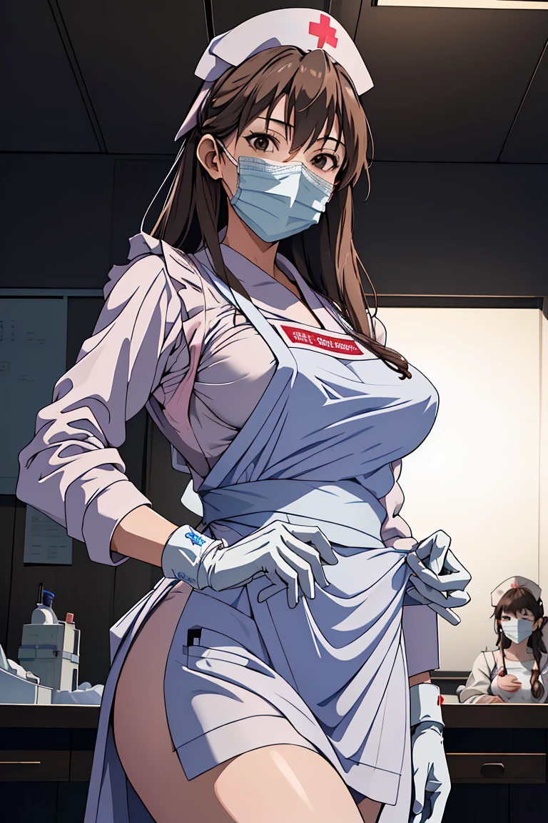 (RAW photo, best quality), 1girl, operating room, overhead surgical light,blurred background, focused,
 <lora:Sayaka Mizukoshi_GT_V1.0-000006:0.8> sayaka mizukoshi,brown_hair,long_hair,brown_eyes,
 <lora:Long Apron Nurse Frilled v2:0.6> (nurse_long_apron, apron, mask, nurse cap, surgical mask, nurse, long sleeves, latex gloves),