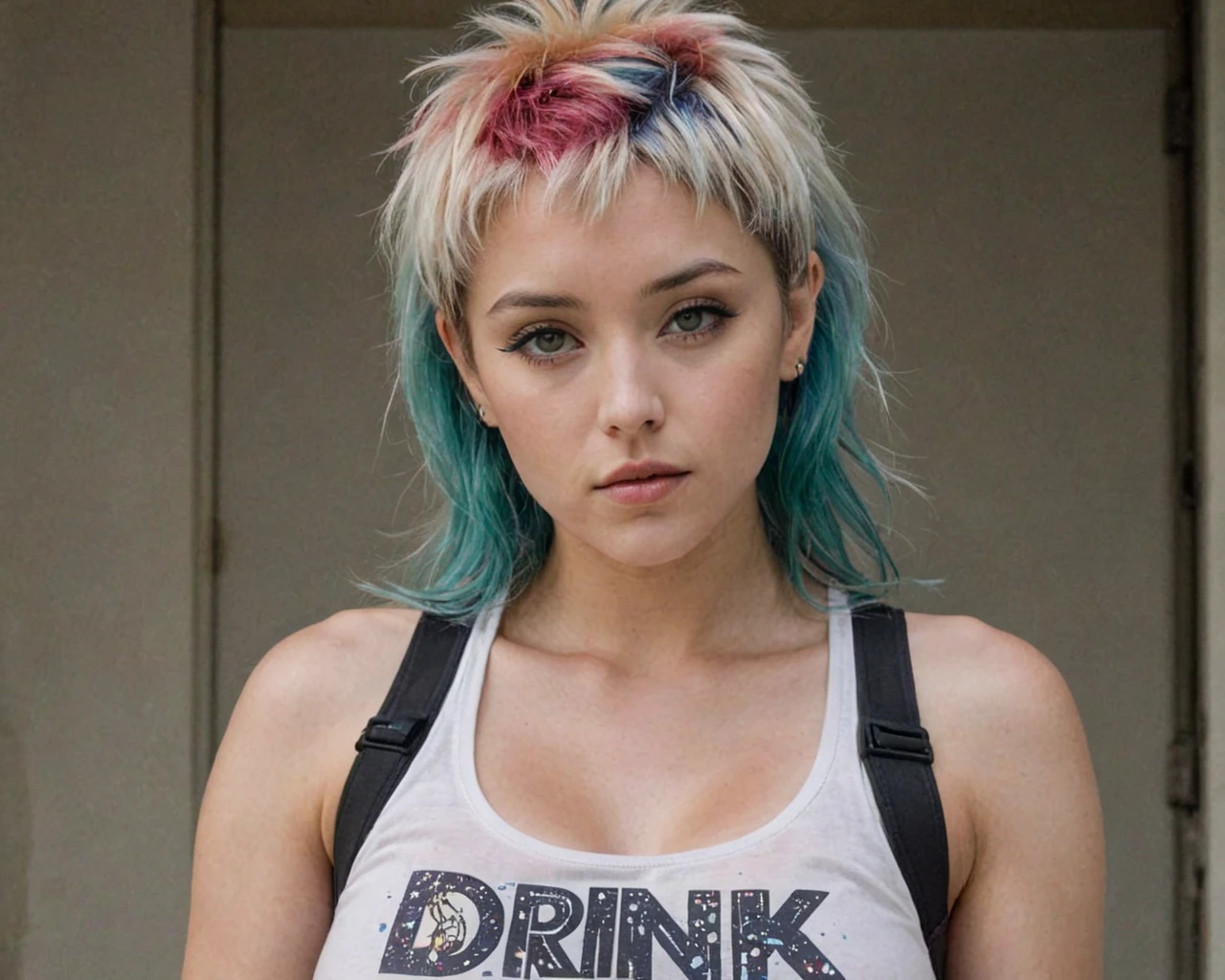 Close up of 1girl, anime style, (huge breasts:1.15) in tanktop, in cosmos, multicolored hair, text "DRINK WATER" on shirt, trimmed, m0d3rnmull3t <lora:modernmullet_v1:1>