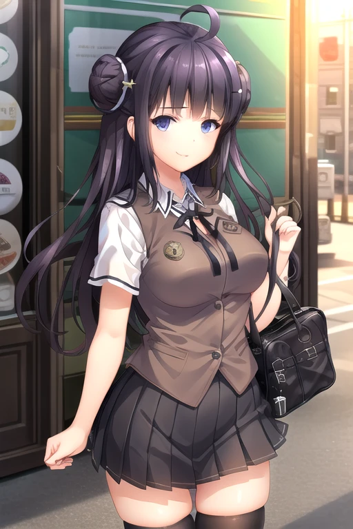 ((masterpiece)),(best quality),official art,extremely detailed CG,unity 8k wallpaper,ultra detailed,beautiful detailed eyes,extremely detailed face,outdoors,1girl,solo,cowboy shot,looking at viewer,facing viewer,smile,Wen Zhi,ahoge,very long hair,black hair,hair ornament,single hair bun,single side bun,bangs,blue eyes,brown vest,neck ribbon,black ribbon,collared shirt,white shirt,short sleeves,large breasts,miniskirt,black skirt,pleated skirt,zettai ryouiki,black thighhighs,loafers,<lora:Wen Zhi(shtl):0.9>,