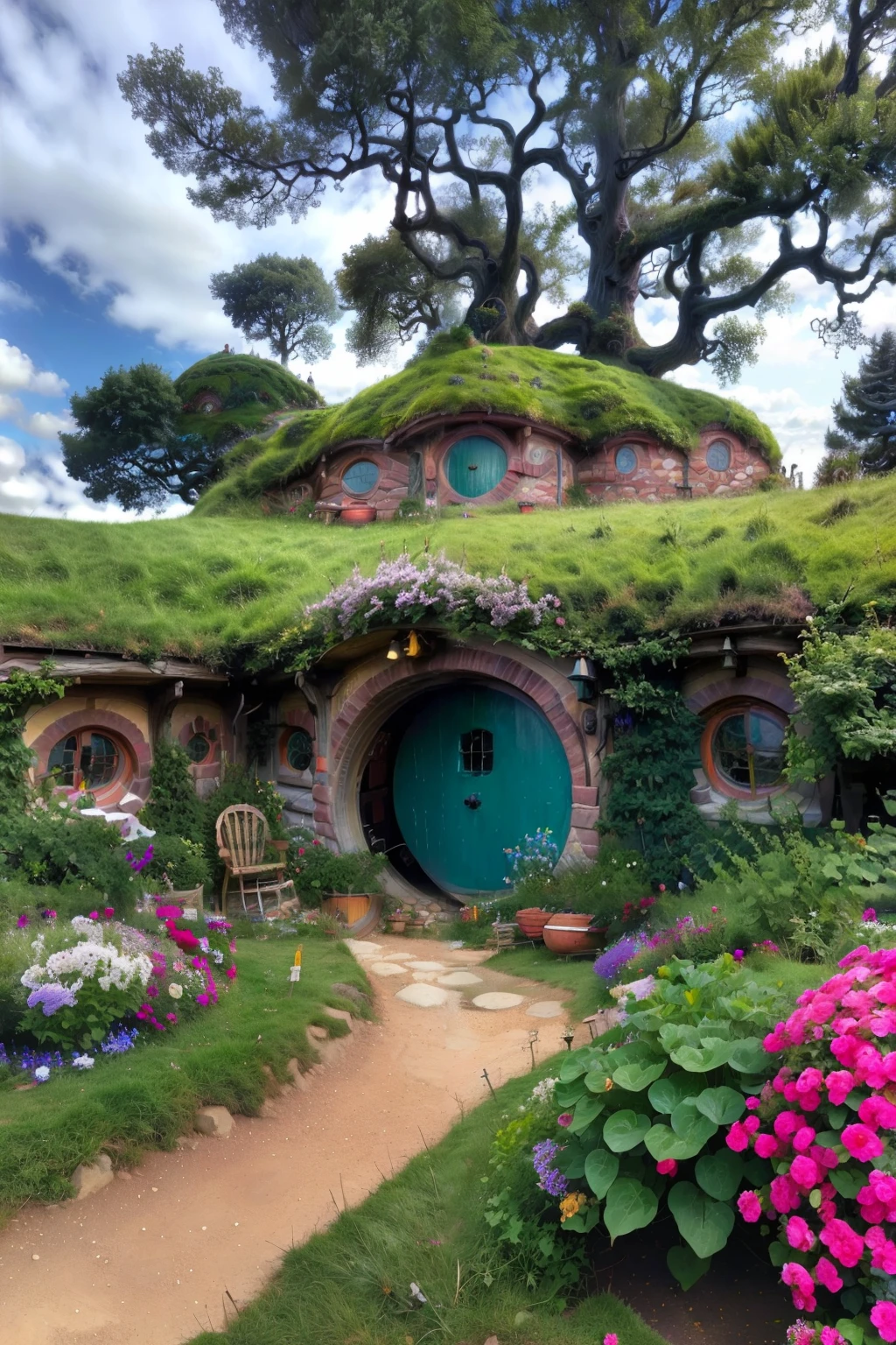 ((masterpiece, best quality)), <lora:Hobbit_Hole:0.8>, high resolution, highly detailed,  Hobbit Hole,  flower, sky, day, cloud, tree, blue sky, no humans, traditional media, grass, plant, nature, fence, road, bush, house, path