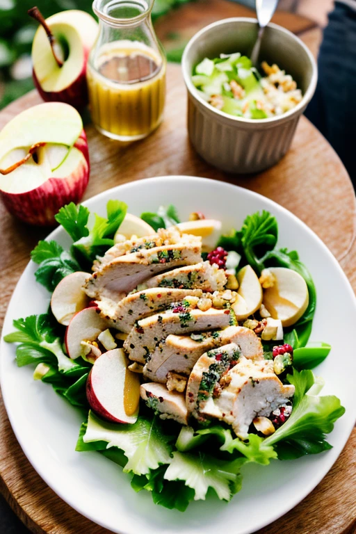 (fresh fruit:1,ripe,healthy:1,scene:1.5,realistic,hdr,photoreal,dish,mockup,scene creator),Apple Walnut Chicken Salad: Tender grilled chicken breast served on a bed of mixed greens with crisp apple slices, crunchy walnuts, and a light vinaigrette dressing.