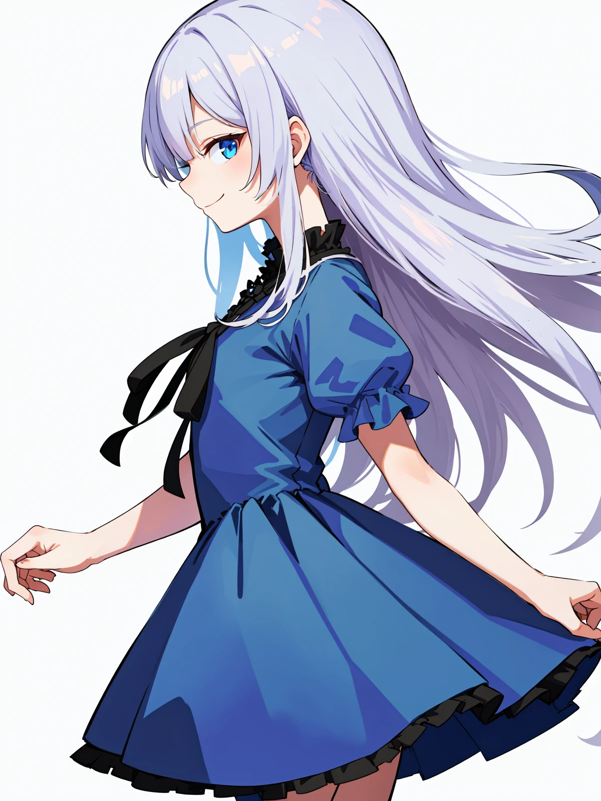 (high quality:1.4), amazing intricate, illustration, girl, solo, cowboy shot, from side, (profile, looking at viewer:1.4), silver hair, long hair, (tsurime:1.2), (half closed eyes:1.1), (evil smile:1.1),
blue dress, (simple background, white background:1.3)