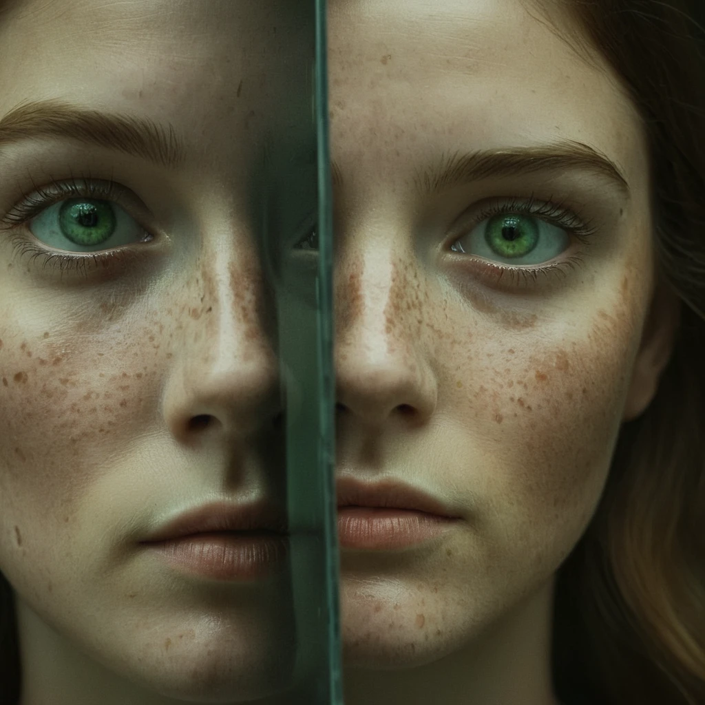 cinematic film still of  <lora:Fine art photography style:1>
Juxtaposition of a woman with a broken mirror on her face,Juxtaposition,artistic,photography,dramatic light,dramatic shadow light,contrast,saturated color,cinematic,filmic,photographic,realistic,realism,perfection,perfect,Juxtaposed,opposite,different things,side by side,syncretism,antithesis,Juxtaposition style,1girl,solo,looking at viewer,green eyes,close-up,freckles,reflection , creative, photorealism, hyperrealism, Fine art photography style, Fine art cinematic photography style, shallow depth of field, vignette, highly detailed, high budget, bokeh, cinemascope, moody, epic, gorgeous, film grain, grainy