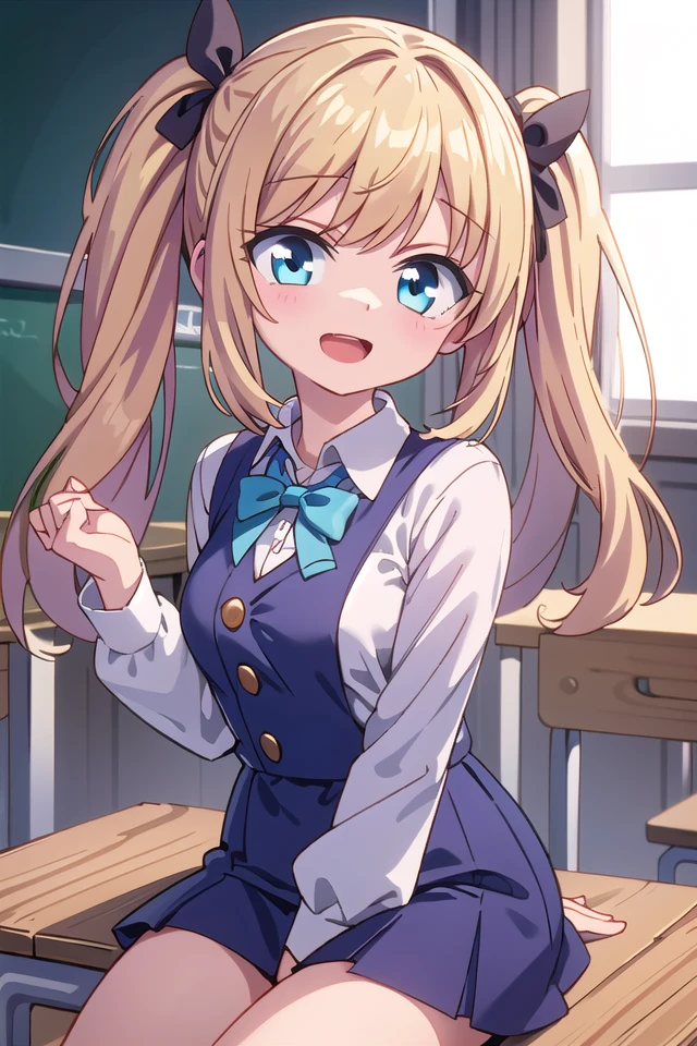 insanely detailed, absurdres, ultra-highres, ultra-detailed, best quality,
1 girl, solo, nice hands, perfect hands,
BREAK,
wearing summer school uniform,
evil smile, open mouth,
sitting,
45 angle, cowboy shot, looking at viewer,
BREAK,
slender, kawaii, perfect symmetrical face, ultra cute girl, ultra cute face, ultra detailed eyes, ultra detailed hair, ultra cute, ultra beautiful
BREAK,
indoors, in classroom,
blonde hair, twintails, blue eyes