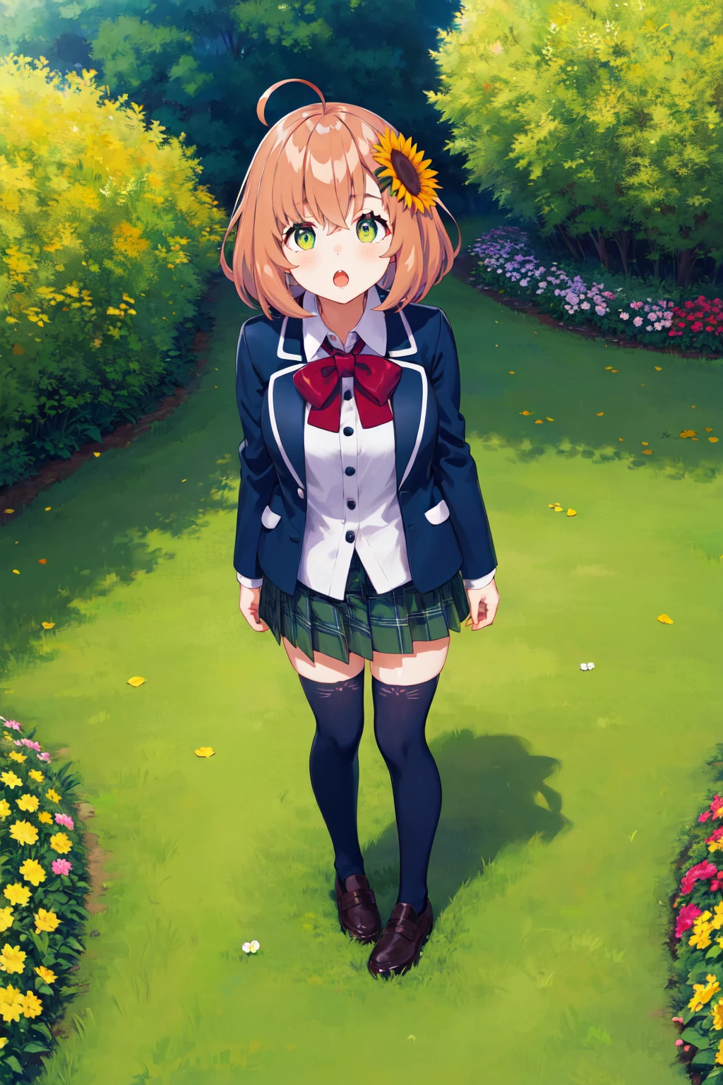 masterpiece, best quality, highres, aahimawari, short hair, ahoge, hair flower, school uniform, red bowtie, collared shirt, blazer, blue jacket, open jacket, long sleeves, plaid skirt, green skirt, black thighhighs, <lora:honma_himawari_v1:0.7>, outdoors, field, garden, standing, from above, full body, :o,