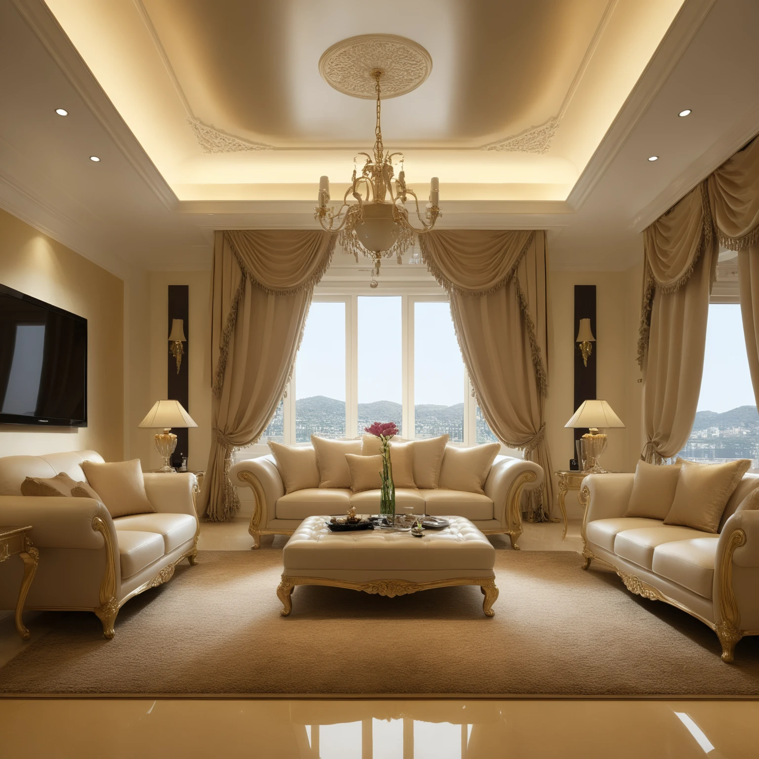 <lora:JJsEuropeanStyle_XL:1>, ((European Style)) , ((best quality)),((masterpiece)),((realistic)), indoors, no humans, window, chair, table, curtains, photorealistic, authentic, indoor scenery, couch, floor,tv, rug, reflection, high detail, ceiling light, day light, dramatic lighting,