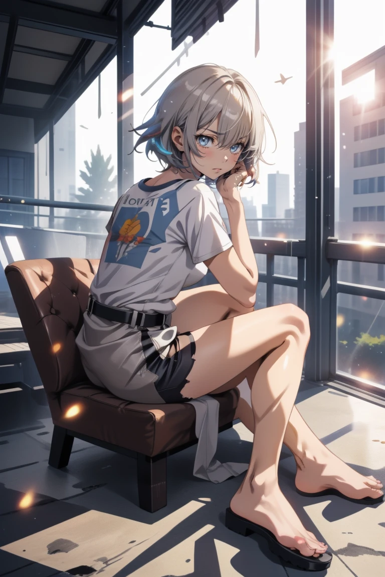 (anime, tone mapped:1.2), 1girl, arm support, backlighting, balcony, bangs, bare legs, barefoot, bob cut, contemporary, day, electric fan, from behind, frown, full body, hand on own knee, hand rest, light particles, looking at viewer, looking back, no lineart, on floor, print shorts, railing, scenery, shirt, short hair, short sleeves, shorts, sitting,  soles, solo, summer, sunlight, t-shirt, toes, white shirt, wind