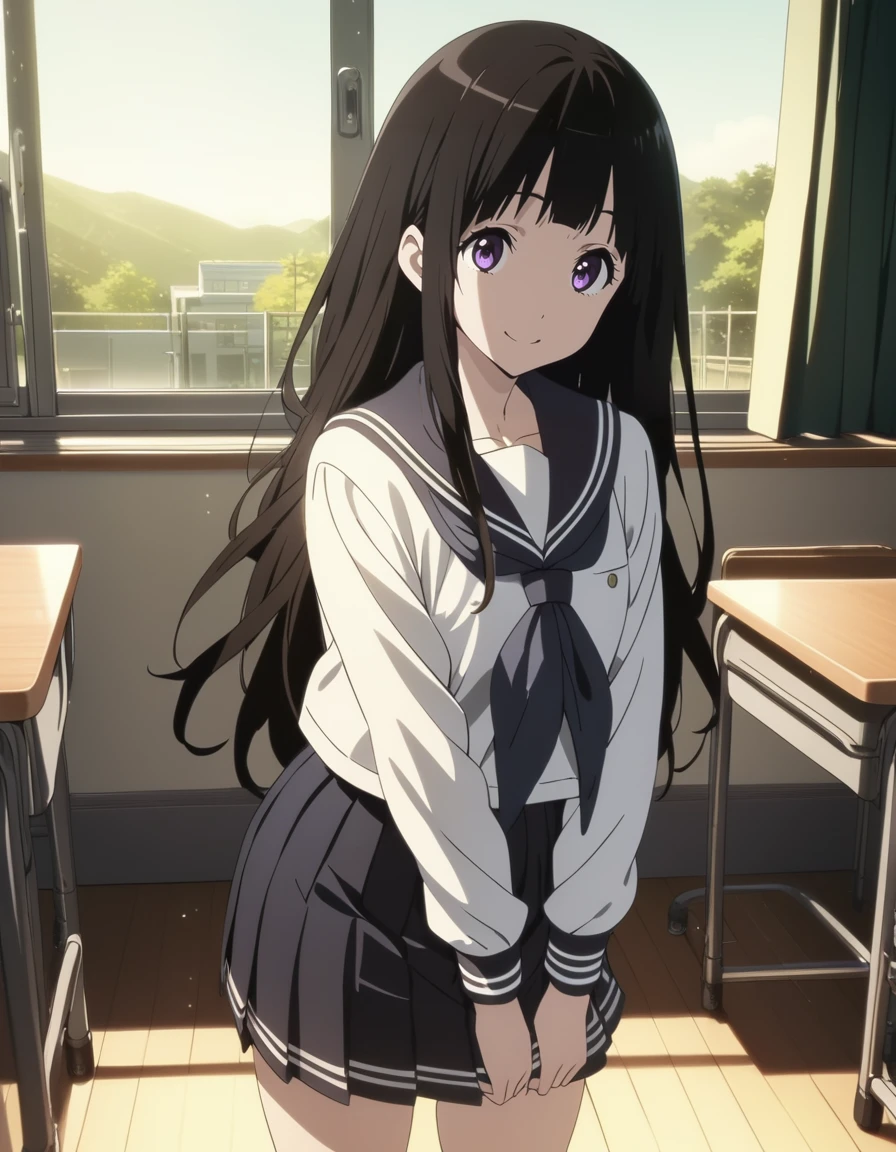 1girl,
<lora:chitandaeruXL1:0.8>,chitandaeru,
long hair, black hair, purple eyes,
serafuku, skirt,
smile,
classroom,
cowboy shot,
masterpiece, best quality, ultra detailed, highres,4k,(ultra-detailed:1.4) (illustration:0.5), (ray tracing,:0.8),(anime colored:0.7),(ai-generated:0.5), (anime screencap:1.2),
