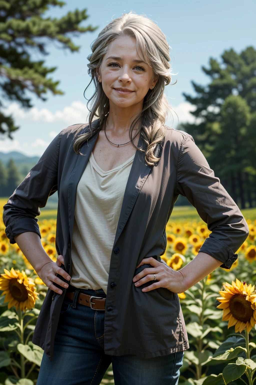 ((ultra detailed, masterpiece, absurdres))
<lora:TWDCarol:0.8>
TWDCarol, long hair, grey hair, surrounded by sunflowers in a bright field, smiling, with hands on hips
