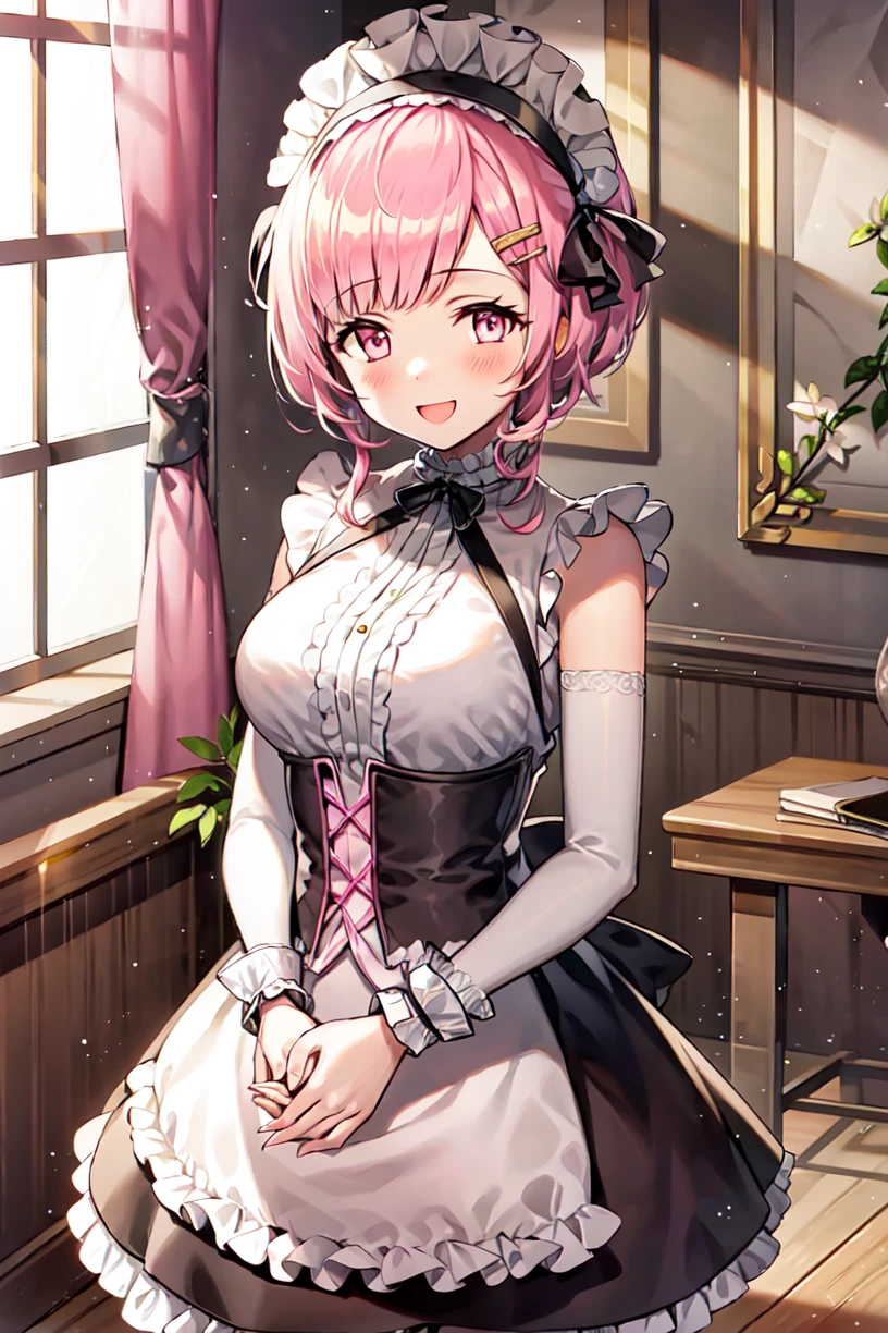 1girl, smile, blush, solo, eroica helena, maid hair accessories, maid costume, pink hair, pink eyes