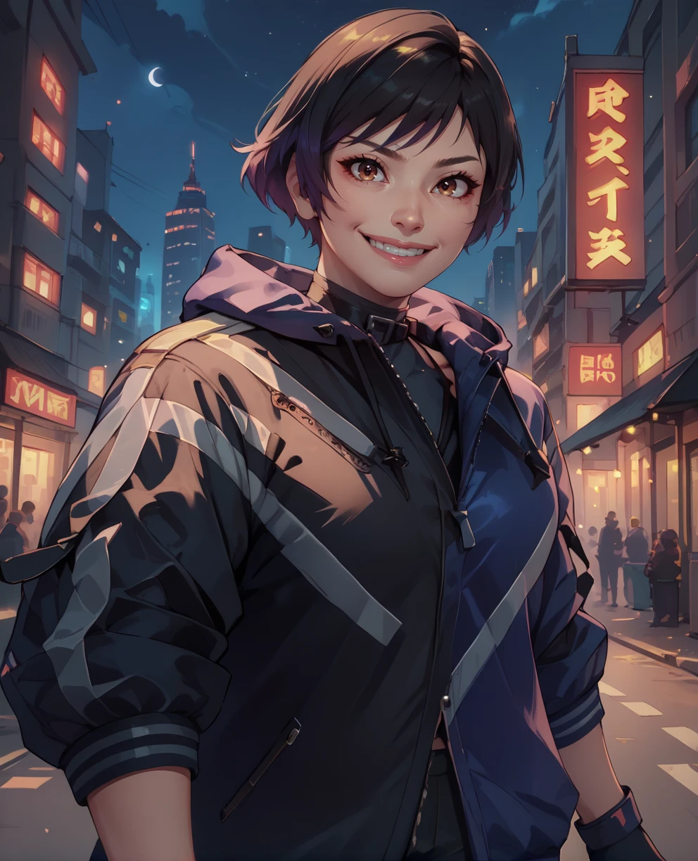 score_9,score_8_up,score_7_up,
Reina,black jacket,black gloves,brown eyes,
shorts,smile,
standing,upper body,
night,city square,<lora:ReinaMXL-V2:0.9>,