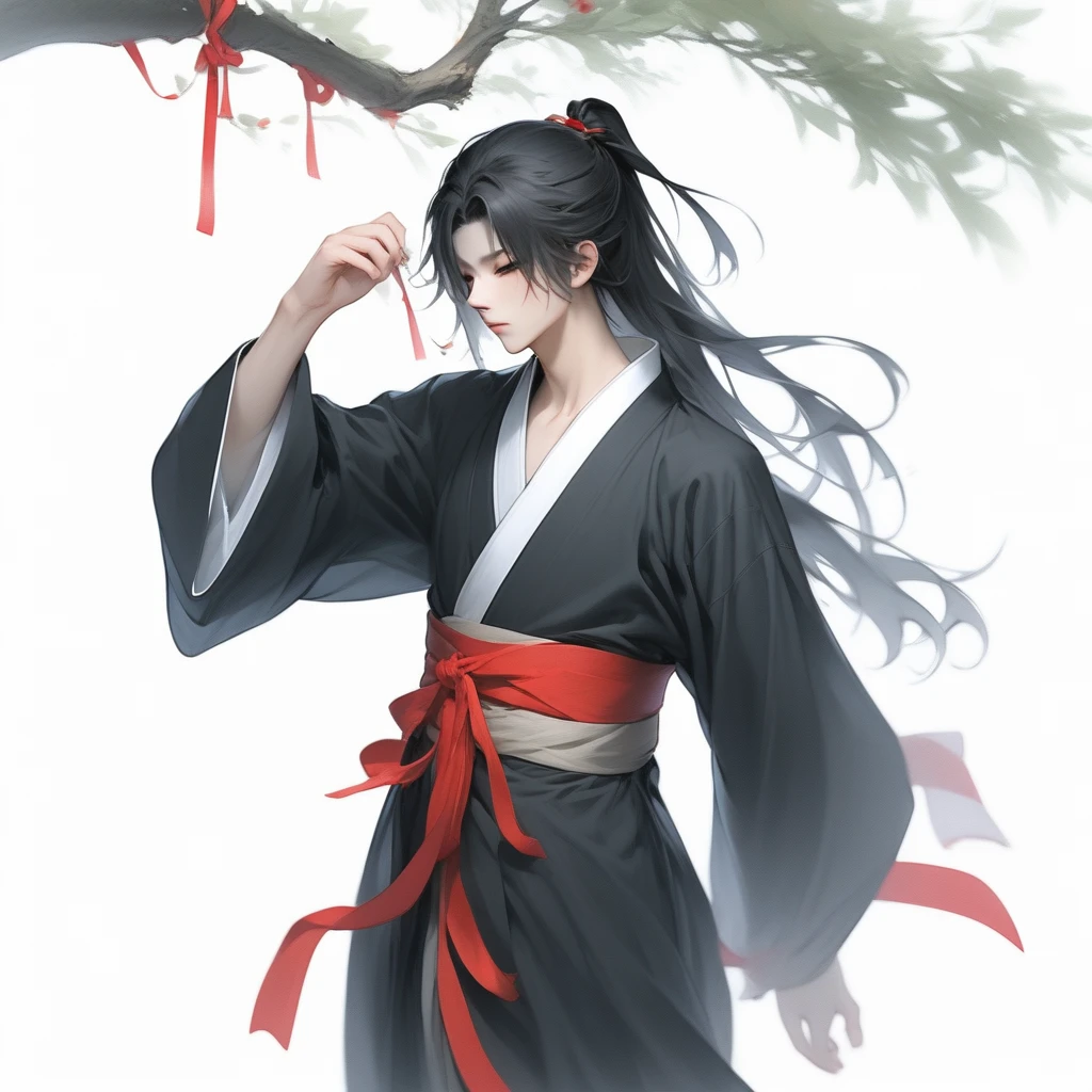 Hellaine Style, solo, long hair, black hair, long sleeves, 1boy, white background, ribbon, closed mouth, upper body, male focus, food, hand up, blurry, red ribbon, fruit, bandages, chinese clothes, facing viewer, robe, blindfold, branch, covered eyes, hanfu