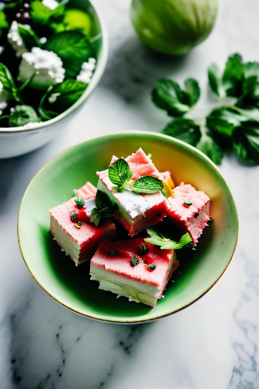 (fresh fruit:1,ripe,healthy:1,scene:1.5,realistic,hdr,photoreal,dish,mockup,scene creator),Watermelon Feta Salad: Cubes of juicy watermelon paired with creamy feta cheese, fresh mint leaves, and a splash of lime juice for a sweet and savory combination.