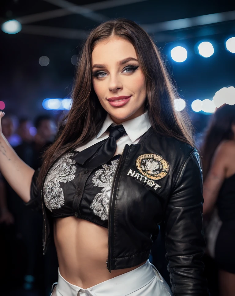 <lora:quiron_agataFagata_v1_Lora:0.87> AgataFagataQuiron, 1girl, makeup, smile, long hair, abs, narrow waist, realistic, fighting pose,, ,realistic,intricate detailed, flash photography, realistic, amazing photo of a pretty woman wearing flight attendant clothes, , at blurred background crowded nightclub party background,