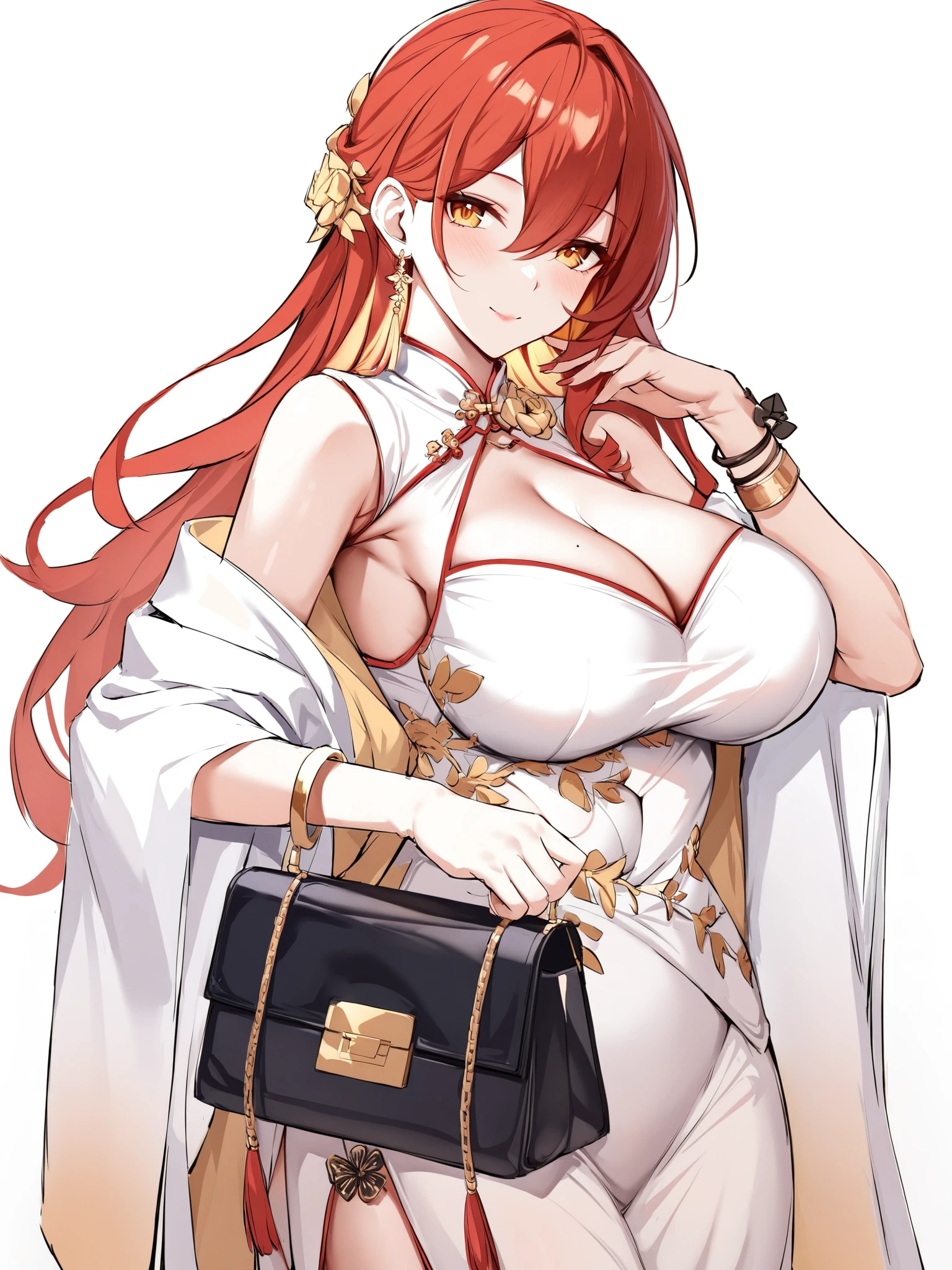 <lora:xl_himeko(kohaku_Delta):1>,himeko is a girl with long red hair and yellow eyes,1girl,earrings,cleavage,solo,smile,large breasts,cleavage cutout,bracelet,handbag,white dress,china dress,wide sleeves,bare shoulders,closed mouth,, masterpiece,best quality,
