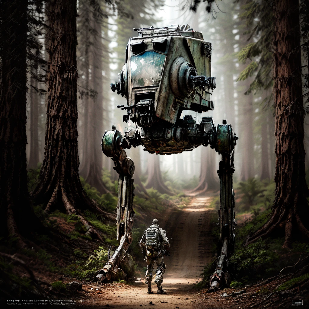 atstwlkr, giant, science fiction, no humans, mecha, standing, military, nature, forest, outdoors, (ultra-detailed), (masterpiece), (best_quality), (cinematic_lighting), (vibrant_colors)
