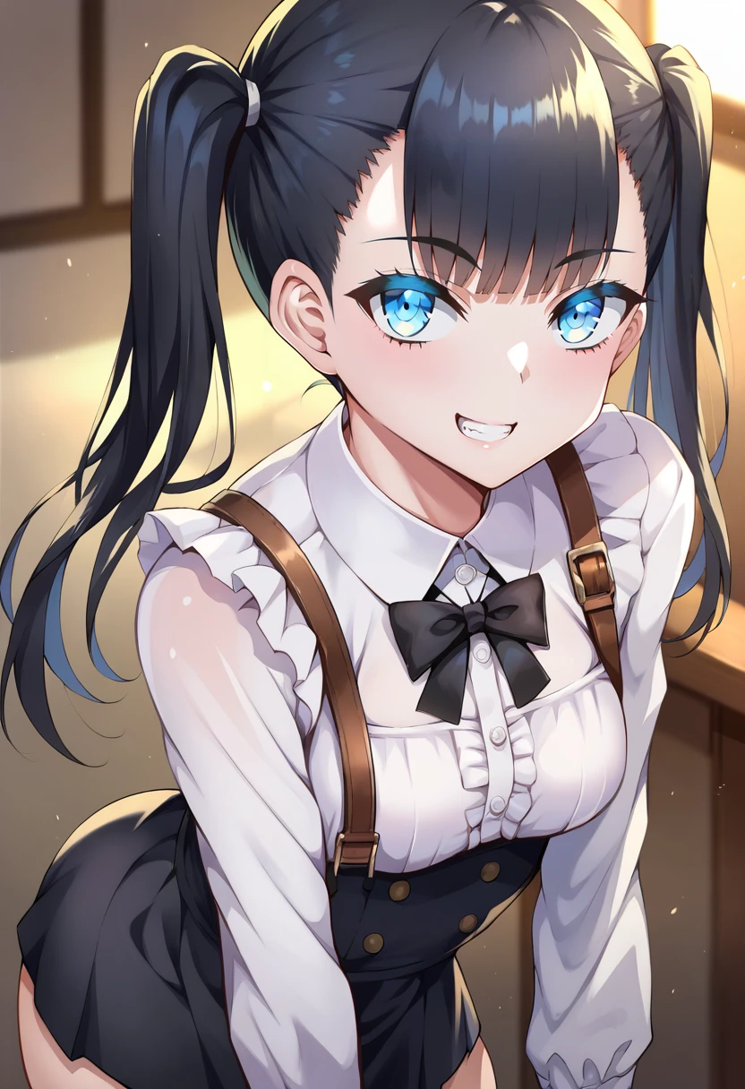 score_9, score_8_up, score_7_up, source_anime, 1girl,blue eyes,twintails, black hair, white blouse,  black skirt, grin,looking at viewer, from front,   by sekaisaisoku <lora:Sekaiseisoku-Style-PonyXL-v1.2:1>