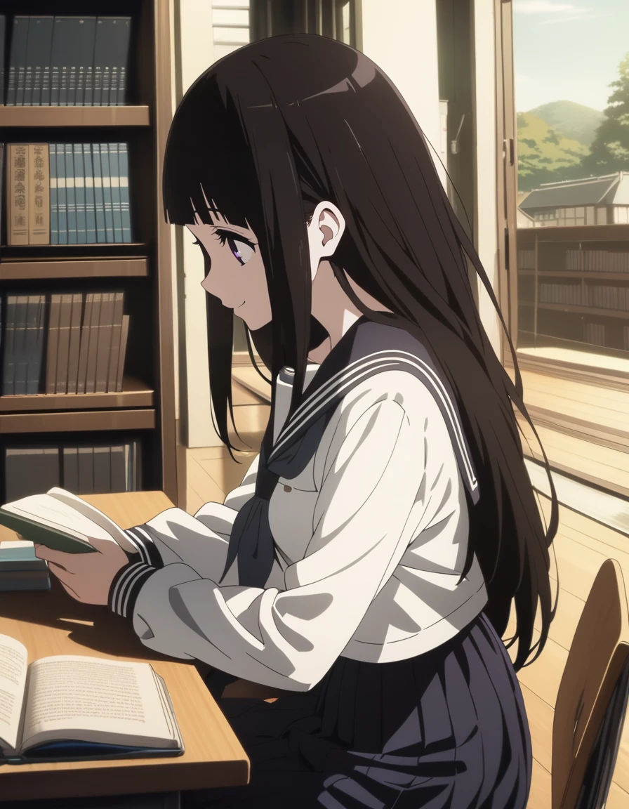 1girl,
<lora:chitandaeruXL1:0.8>,chitandaeru,
long hair, black hair, purple eyes,
serafuku, skirt,
smile,
read a book,
sitting,
library,
from side,
masterpiece, best quality, ultra detailed, highres,4k,(ultra-detailed:1.4) (illustration:0.5), (ray tracing,:0.8),(anime colored:0.7),(ai-generated:0.5), (anime screencap:1.2),