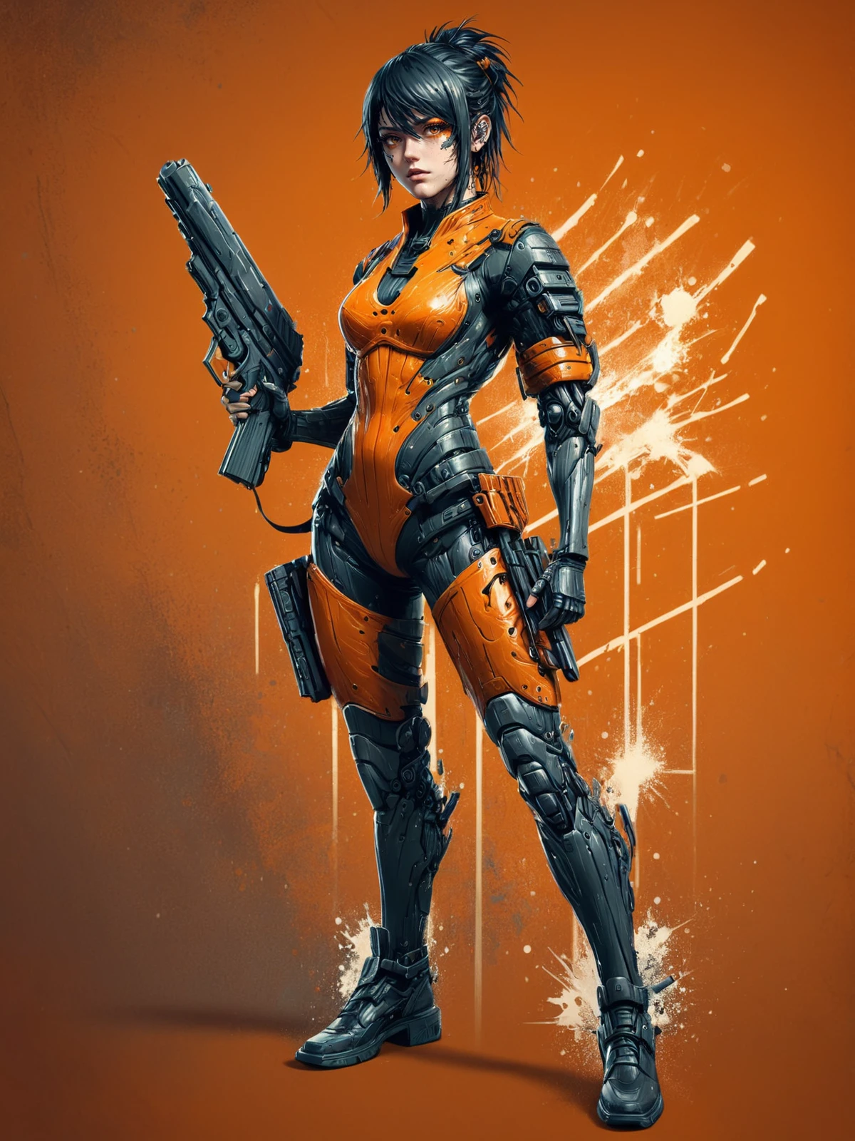 woman standing holding gun, mad-cbrpnksplshrt <lora:Splash_Art_SDXL:1.2> orange background, (masterpiece:1.2), best quality
