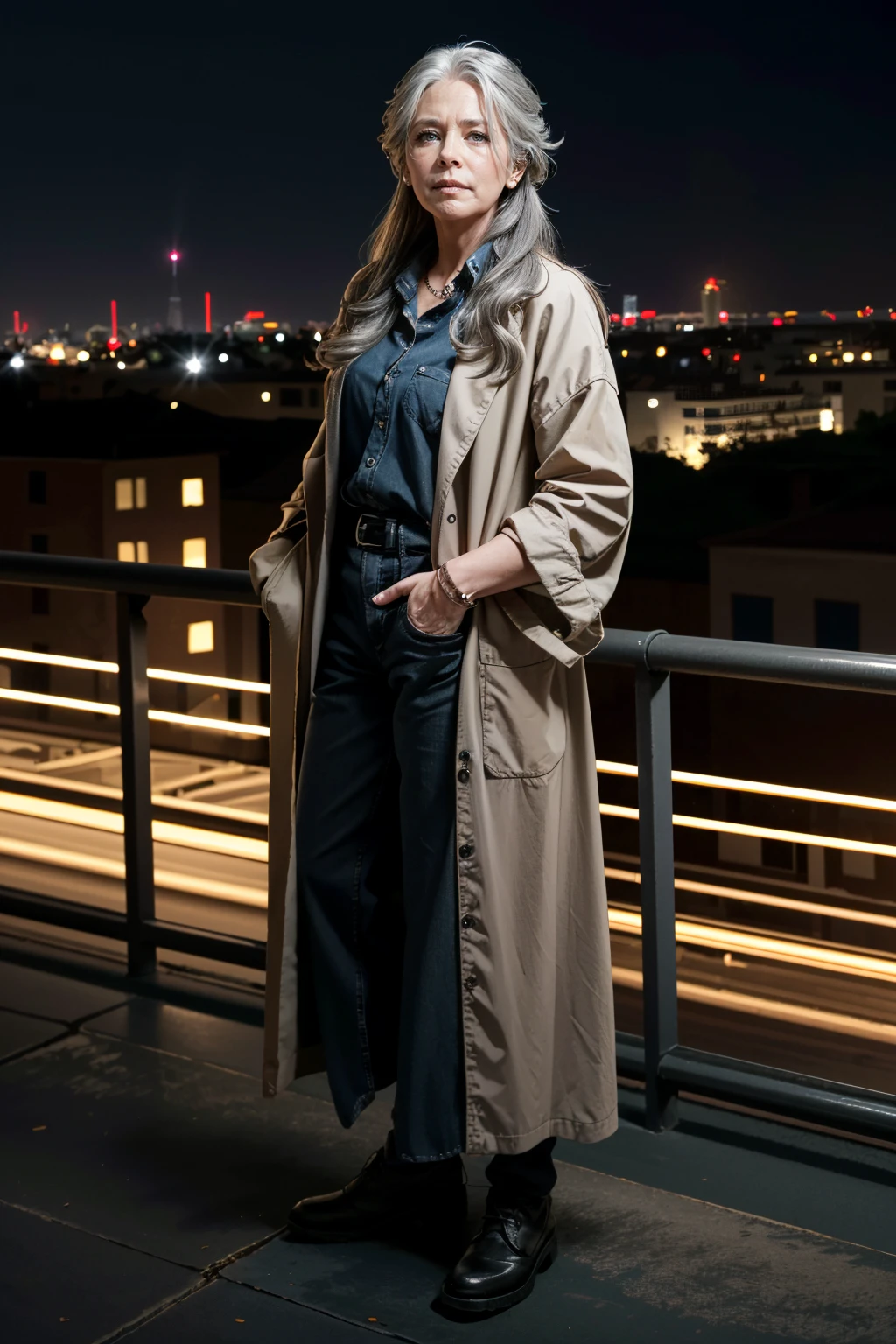 ((ultra detailed, masterpiece, absurdres))
 <lora:TWDCarol:0.8>
TWDCarol, long hair, grey hair, overlooking the city from a rooftop bar at night, chic outfit, standing