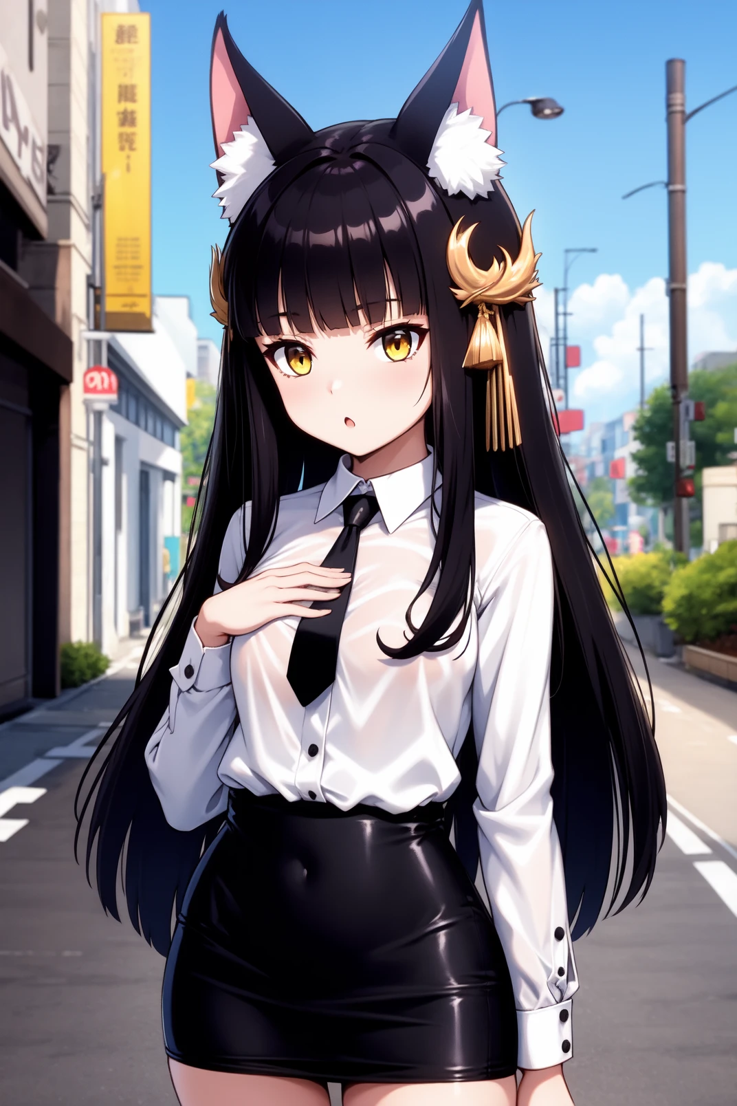 solo, masterpiece, best quality, outdoors, street, small breasts, nagato, yellow eyes, black hair, very long hair, blunt bangs, sidelocks, hair ornament, fox ears, collared shirt, white shirt, long sleeves, black necktie, pencil skirt, black skirt, :o, high waist, hand on own chest