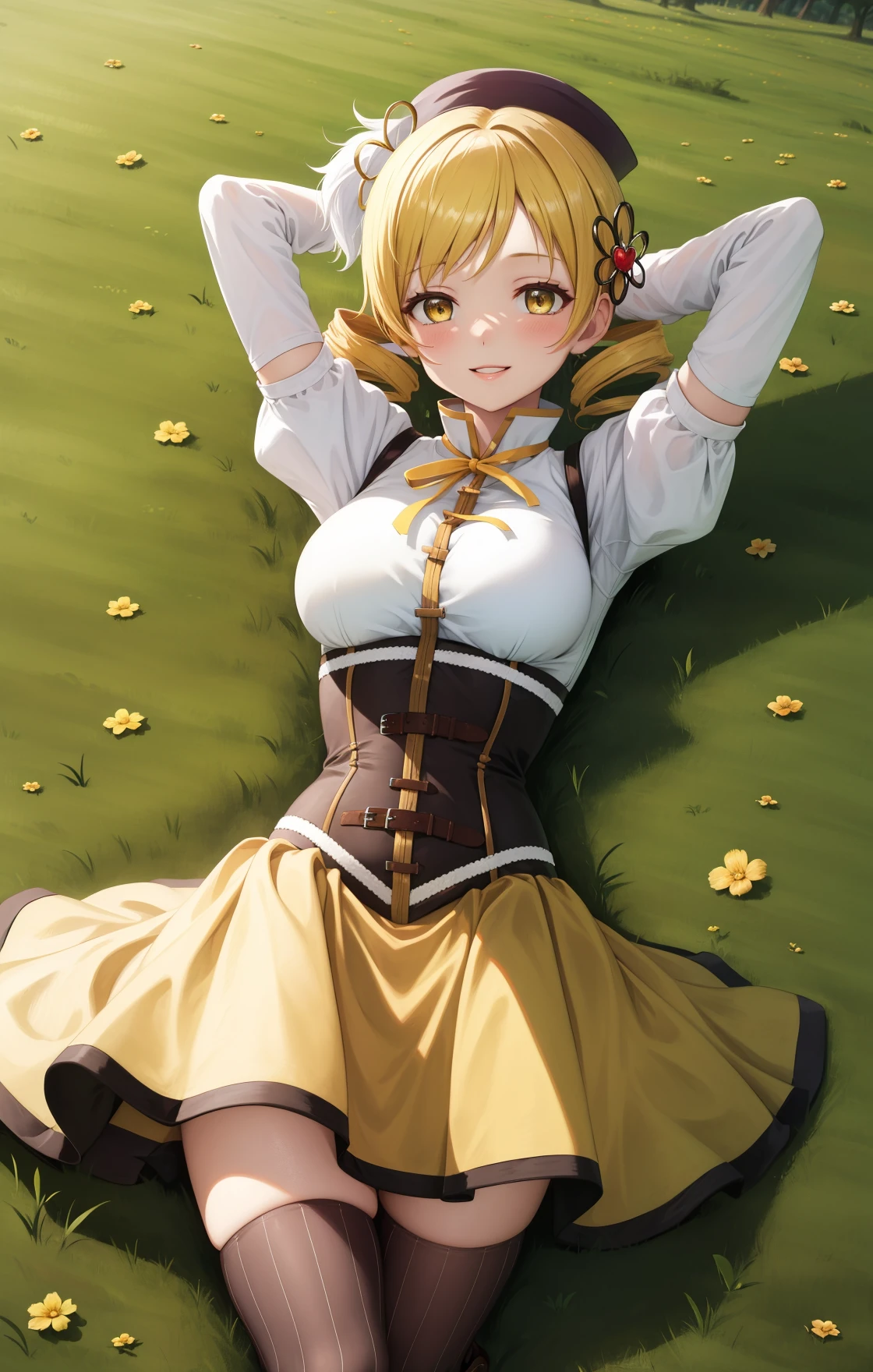 masterpiece, best quality, highres,
MamiAi, 1girl, solo, yellow eyes, blonde hair, drill hair, twin drills, shiny, shiny hair, breasts, blush, smile, bangs, large breasts, neck ribbon, hair ornament, ribbon, parted lips, ;), light blush, yellow ribbon, hairpin, dot nose, magical girl, tomoe mami,
skirt, shirt, thighhighs, long sleeves, hat, short sleeves, heart, thighs, pleated skirt, boots, detached sleeves, striped, puffy sleeves, puffy short sleeves, zettai ryouiki, black headwear, beret, brown footwear, knee boots, feathers, corset, striped thighhighs, vertical stripes, high collar, brown thighhighs, yellow skirt, vertical-striped thighhighs,
lying, on back, cowboy shot, looking at viewer, arms behind head, outdoors, field, shadow, on grass, <lora:Mami:1>