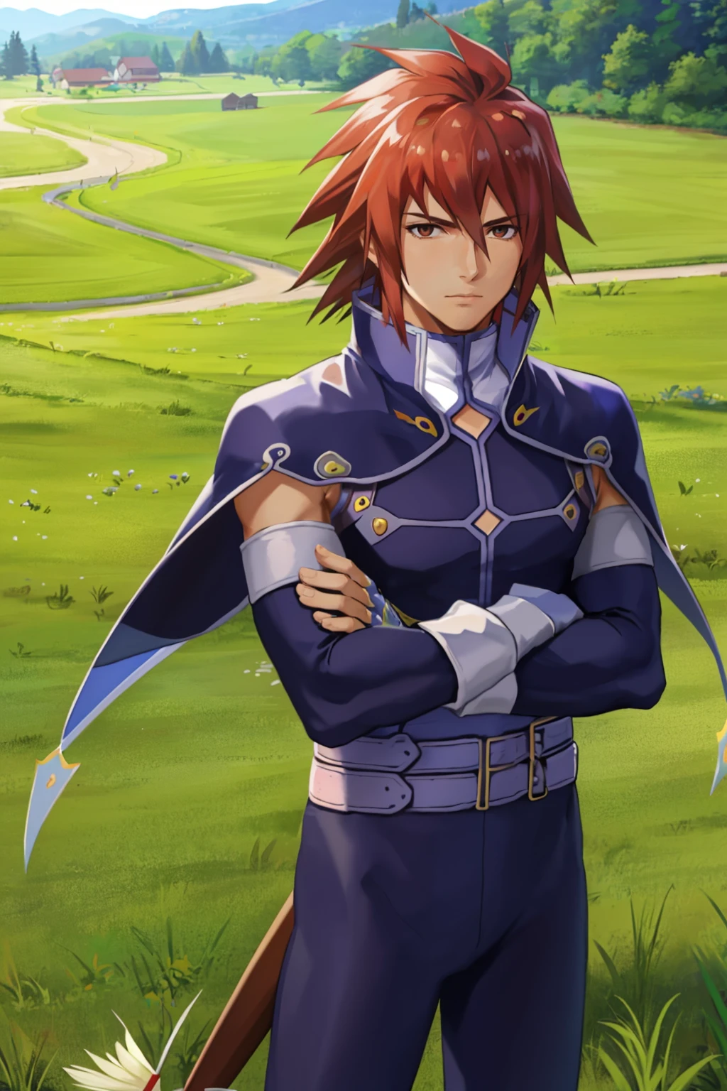 masterpiece, 1boy, standing, crossed arms, <lora:KratosToS:0.9> kratosToS, fingerless gloves, cape, detached sleeves, sword, sheath, village, grass