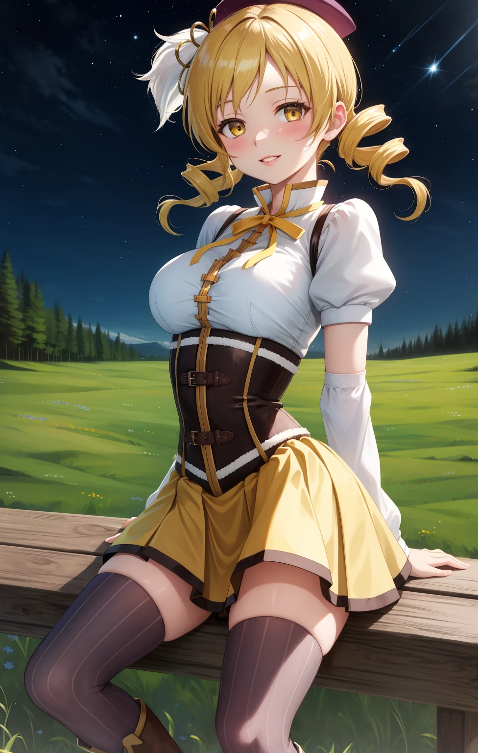 masterpiece, best quality, highres,
MamiAi, 1girl, solo, yellow eyes, blonde hair, drill hair, twin drills, shiny, shiny hair, breasts, blush, smile, bangs, large breasts, neck ribbon, hair ornament, ribbon, parted lips, ;), light blush, yellow ribbon, hairpin, dot nose, magical girl, tomoe mami,
skirt, shirt, thighhighs, long sleeves, hat, short sleeves, heart, thighs, pleated skirt, boots, detached sleeves, striped, puffy sleeves, puffy short sleeves, zettai ryouiki, black headwear, beret, brown footwear, knee boots, feathers, corset, striped thighhighs, vertical stripes, high collar, brown thighhighs, yellow skirt, vertical-striped thighhighs,
sitting, cowboy shot, looking at viewer, arms behind back, outdoors, forest, field, night, night sky, starry sky, <lora:Mami:1>