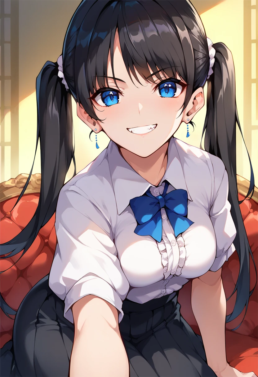 score_9, score_8_up, score_7_up, source_anime, 1girl,blue eyes,twintails, black hair, white blouse, black skirt, grin,looking at viewer, from front, <lora:Ore-halcon-Style-PonyXL-000034:1>