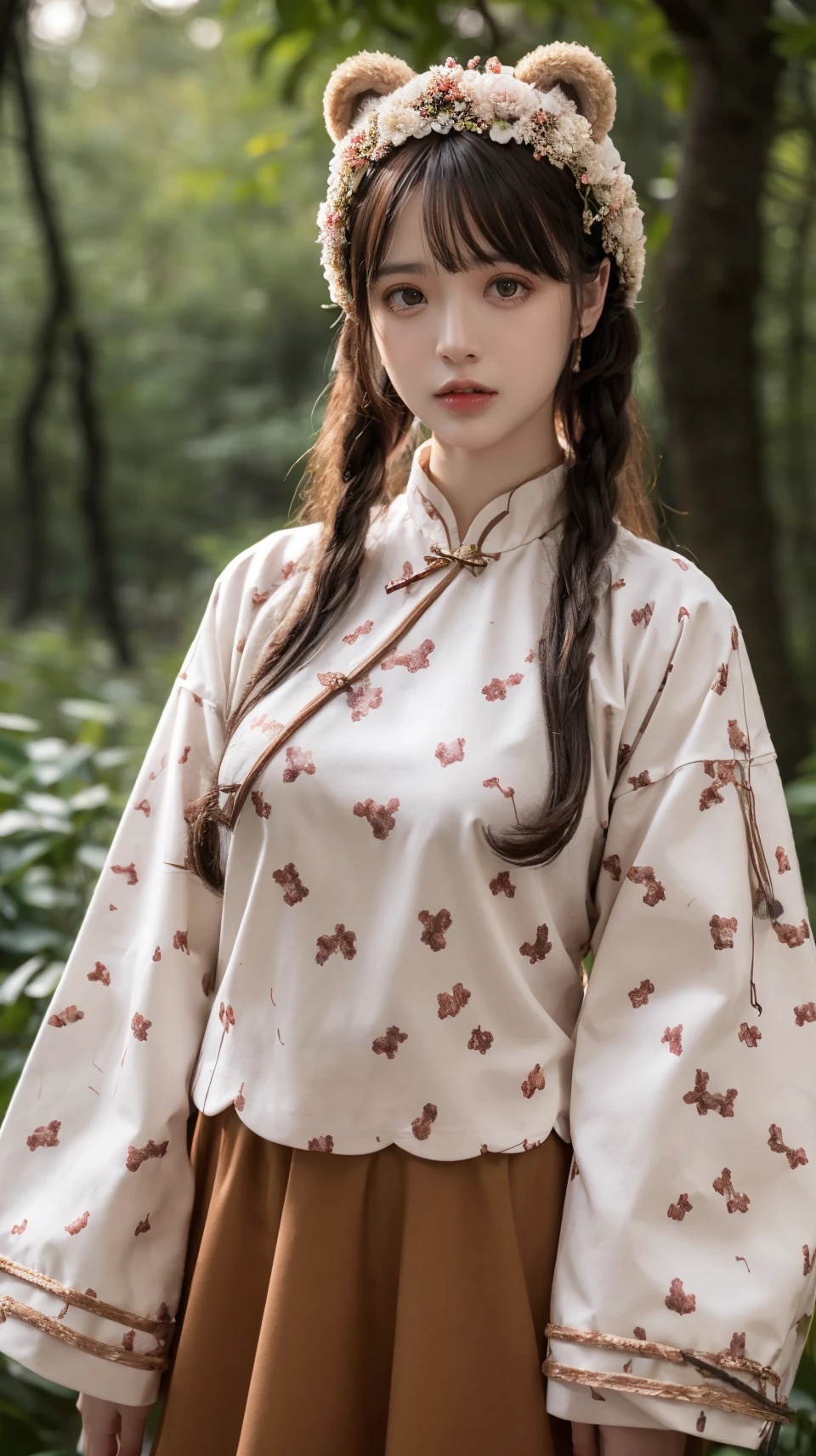 best quality,HDR,UHD,8K,Vivid Colors,solo,photo_,(1girl:1.3),(standing:1.3),(looking at viewer:1.4),Elegant,detailed gorgeous face,(upper body:1.2),bright,(forest background:1.2),(pale skin:1.4),<lora:Twinkle9:0.75>,Twinkle,chinese clothes,bear ears,wide sleeves,sweet print,brown skirt,<lora:Background Detail Enhanced_Si_v3.0:1.5>,