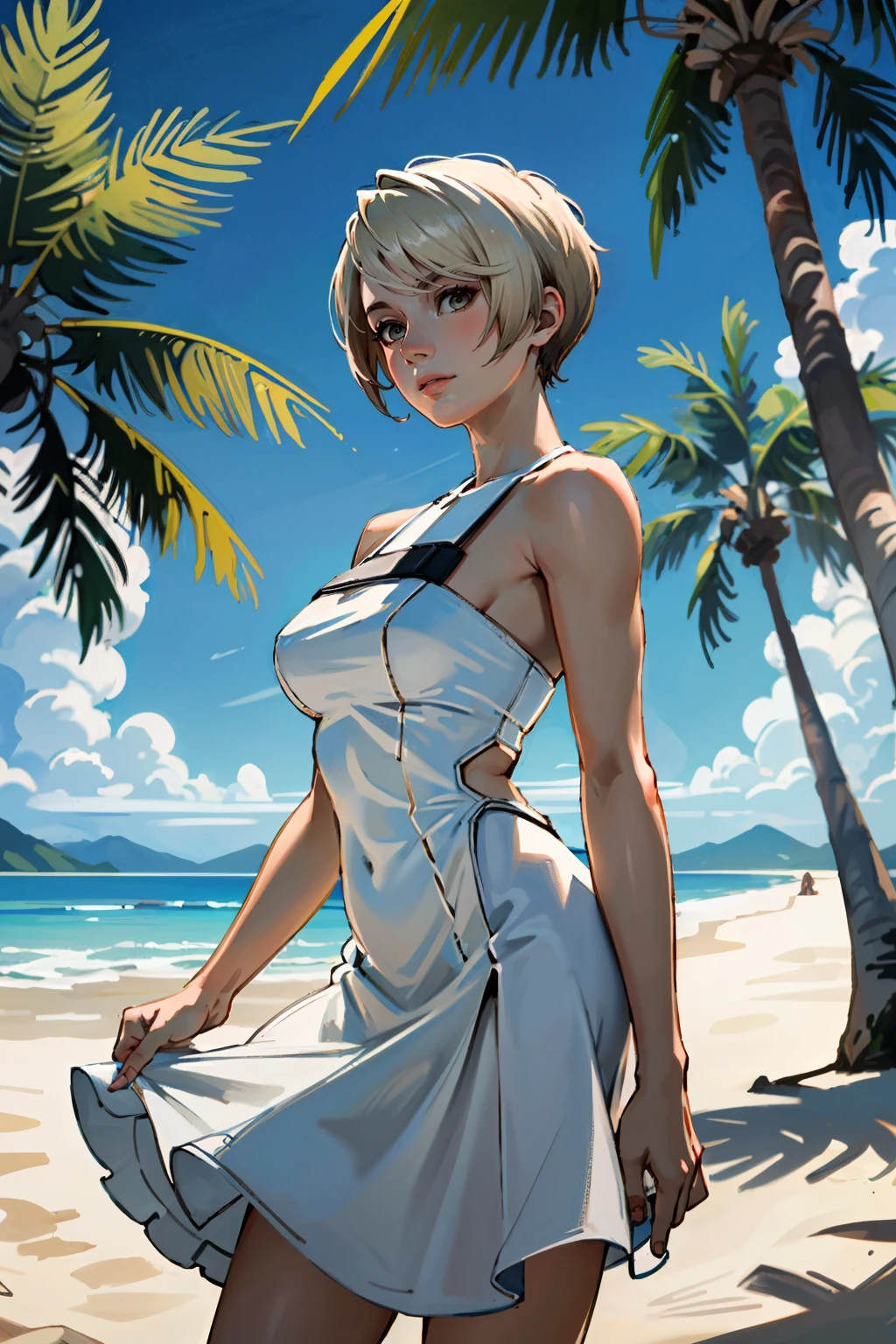 ((ultra detailed, masterpiece, absurdres))
 <lora:MEACora:0.8>
MEACora, short hair, blonde hair, on a tropical island, sundress, palm trees