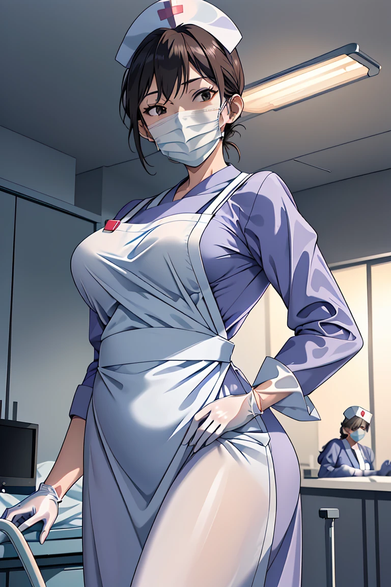 (RAW photo, best quality), 1girl, operating room, overhead surgical light,blurred background, focused,
 <lora:Fubuki Kyouka_GT_V1.0-000006:0.8> fubuki kyouka,
 <lora:Long Apron Nurse v2:0.8> (nurse_long_apron, apron, nurse cap, surgical mask, latex gloves, long sleeves,long dress),