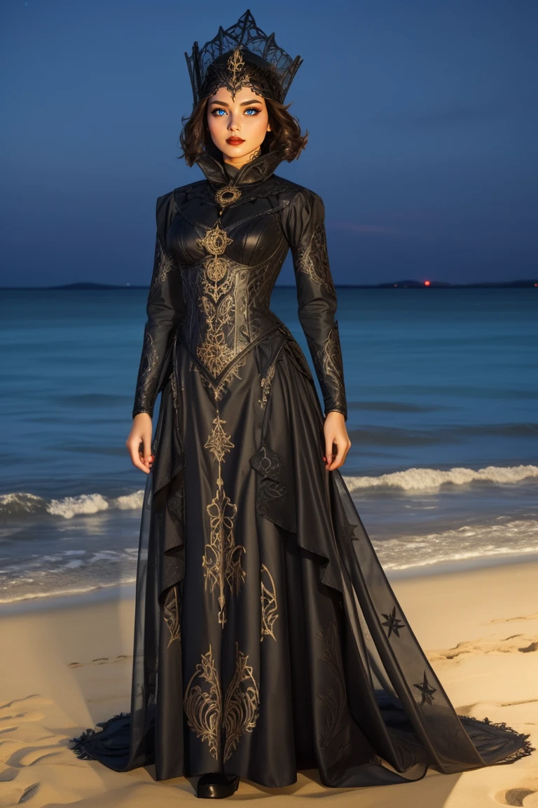 full body, woman, brown hair, HUD_Evl_Qn, makeup, lipstick, long black dress, headdress, high collar, neckpiece, laser cut, intricate carved corset, long sleeves, boots, <lora:Fairy_Tale_Dress_2__evil_queen-000008:0.65>, beach background at night