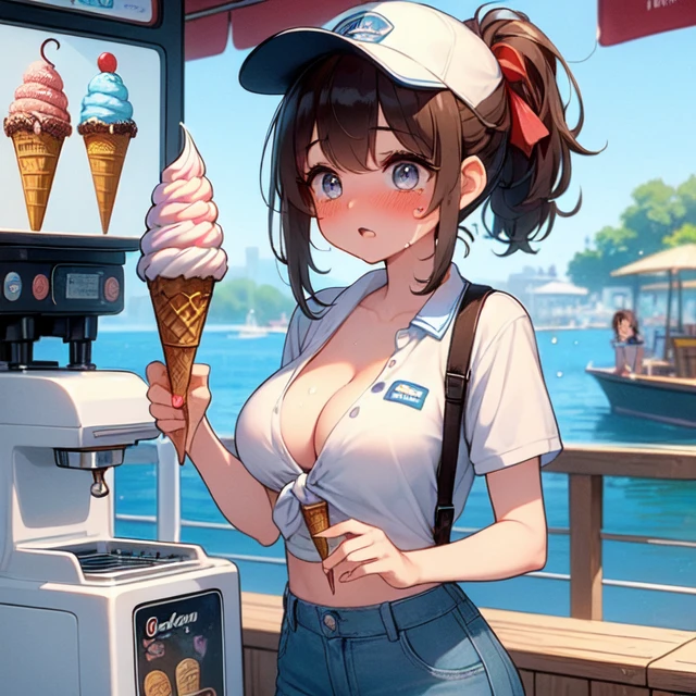 (((masterpiece))), (((best quality))), (((2girls))), (((ice cream machine))), (((clerk's hand holding a ice cream))), (((dripping))), ((splash)), (baseball cap), tied shirt, denim shorts, parted lips, drooling, sweat, ocean park, solo, 1girl, cleavage, big tits, ribbon, brown hair, ponytail, short hair, shy, blush, slim figure, <lora:girllikeicecreammachine:0.8>