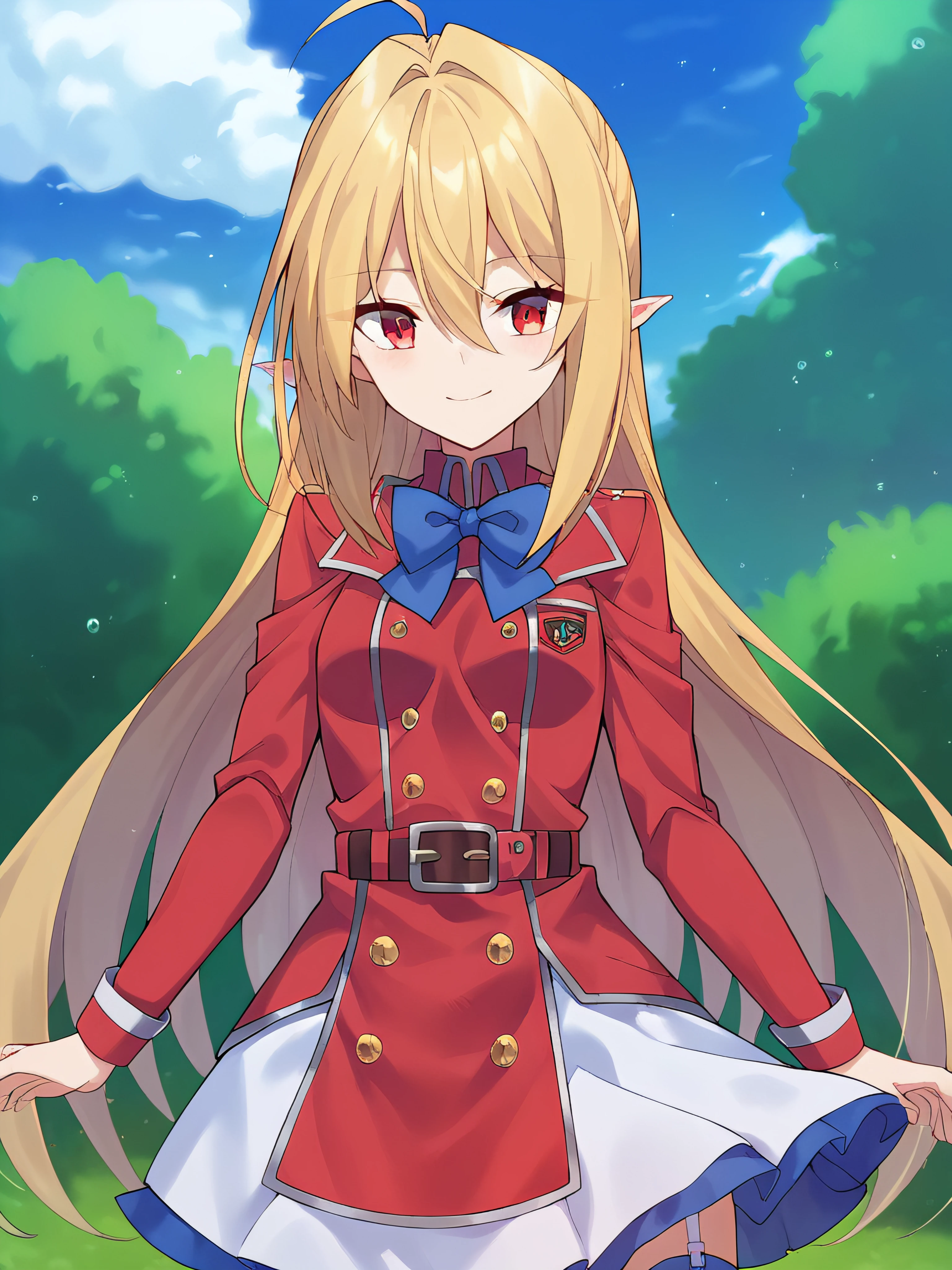 score_9, score_8_up, score_7_up, score_6_up, rating_explicit, anime_source, (perfect hands:1.2), ( perfect anatomy:1.4), cinematic shadow, cinematic light, cute and sensitive, (soft skin:1.2), characters focus, detailed eyes, detailed skins, <lora:add-detail-xl:0.7> , <lora:DetailedEyes_V3:1>,  <lora:terakomari:1>terakomari, blonde hair, bangs, hair between eyes, hair intakes, red eyes, very long hair, small breasts,  white thighhighs, bow, garter straps, boots, blue bow, cowboy shot, belt,skirt, bowtie, long sleeves, blue bowtie, red jacket, zettai ryouiki, white skirt,pointy ears, standing, , outdoors, arms at sides, smile,