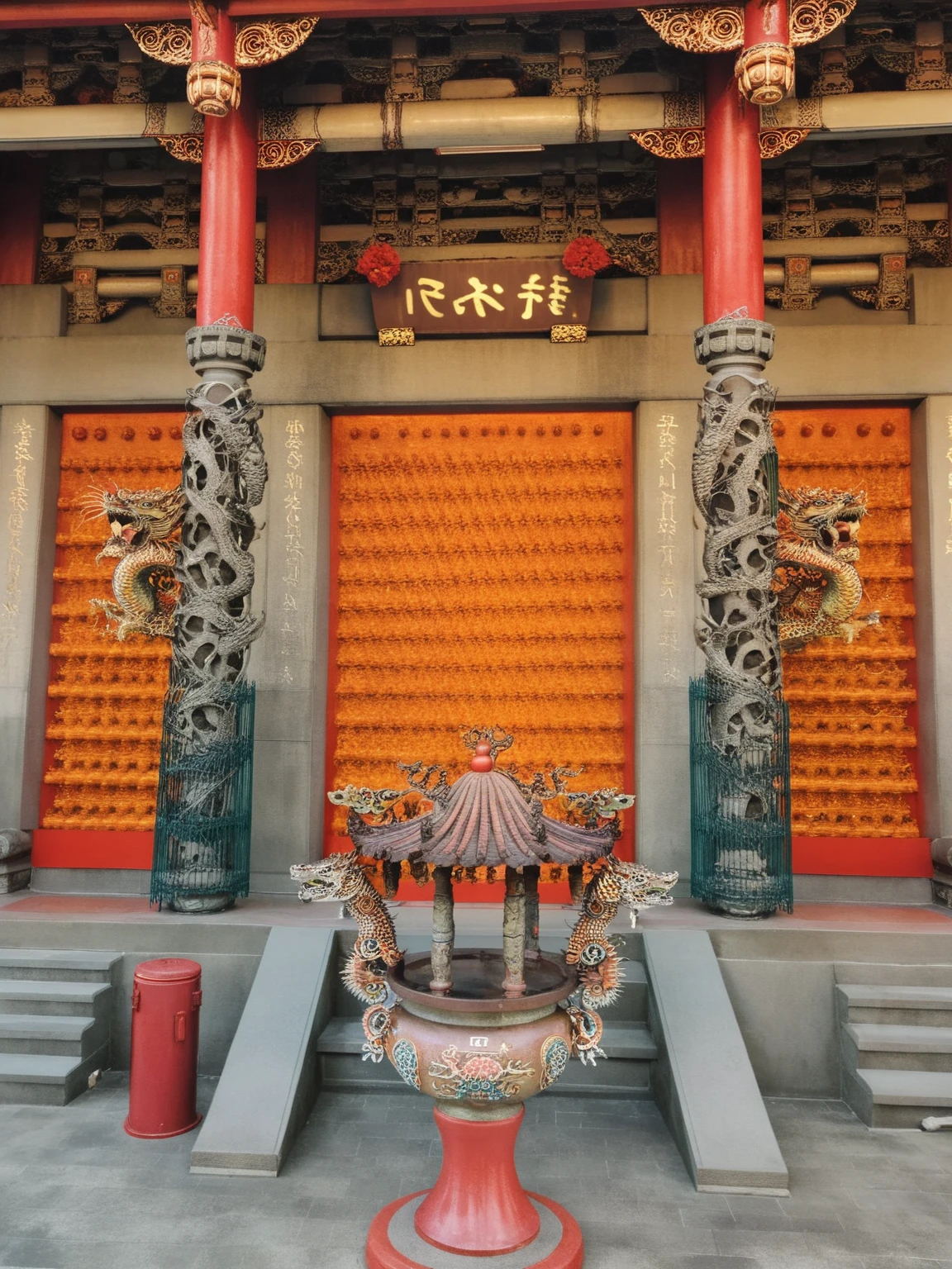 <lora:JJsTaiwanese_Temple_XL:1>, ((Taiwanese Temple)), masterpiece, best quality, scenery, outdoors, building, tree, stair, real world location, grass, bush, door, window, roof, walkway ,dawn, day, statue, subject, high quality, column, people perspective, dramatic lighting, dragon statue, tiger statue,
