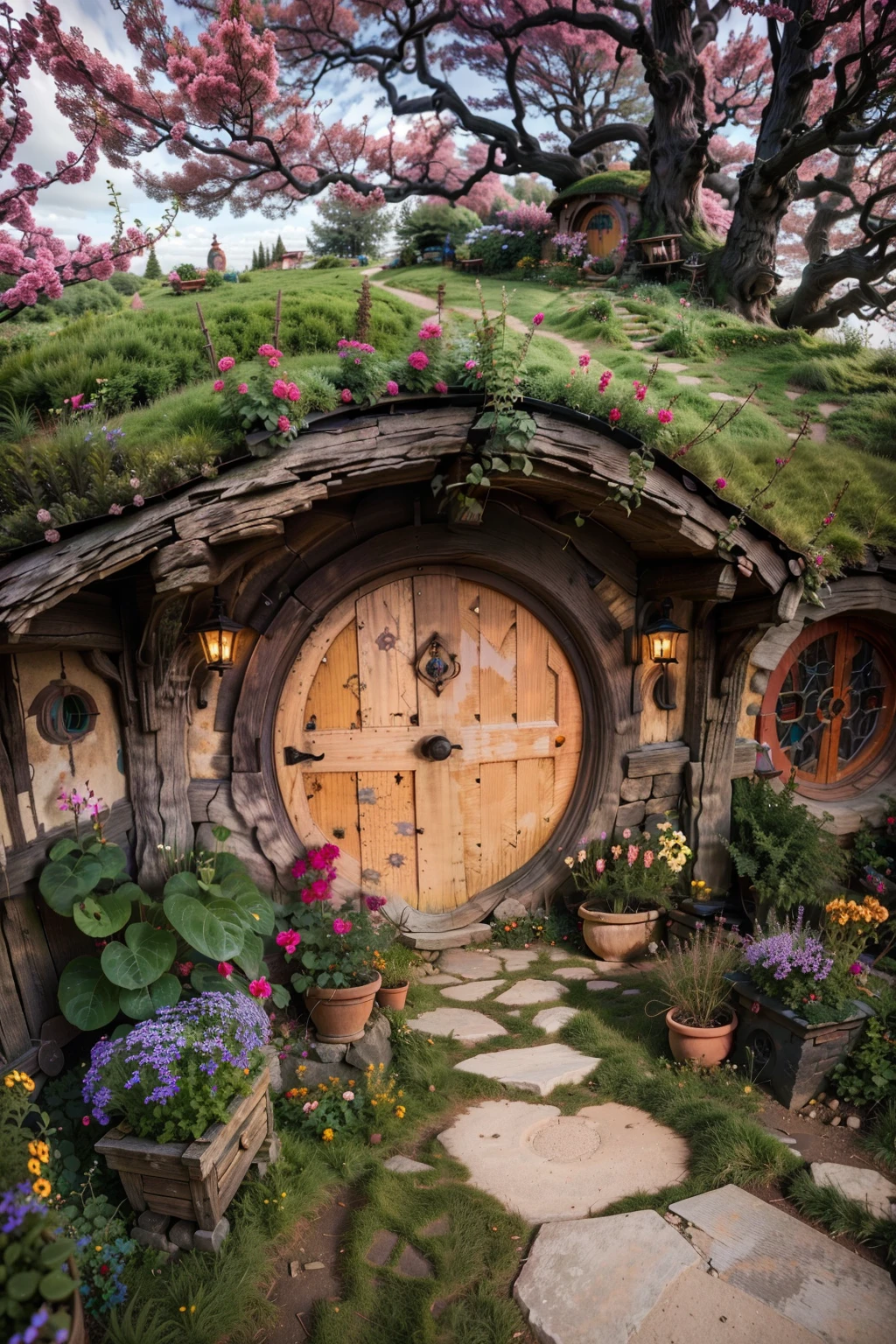 ((masterpiece, best quality)), <lora:Hobbit_Hole:0.8>, high resolution, highly detailed,  Hobbit Hole,  pink flowers, cherry blossom,  flower, day, tree, red flower, blue flower, yellow flower, door, purple flower, potted plant, house, orange flower