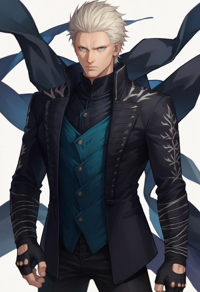 score_9, score_8_up, score_7_up, source_anime, simple background, white background, solo, male focus, 1boy, dmc5vergil, expressionless, looking at viewer, standing, black coat, fingerless gloves, pants <lora:dmc5_vergil_ponyXL-000005:1>