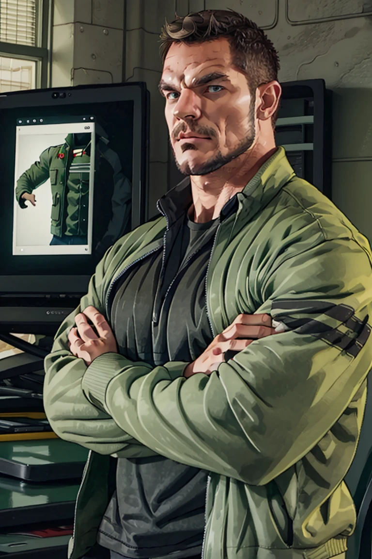 (RAW photo), muscular, <lora:backlight_slider_v10:0.7>, <lora:RileySupermanReturns:0.85>,  rileysuperman, green jacket, black shirt, crossed arms, from side, upper body