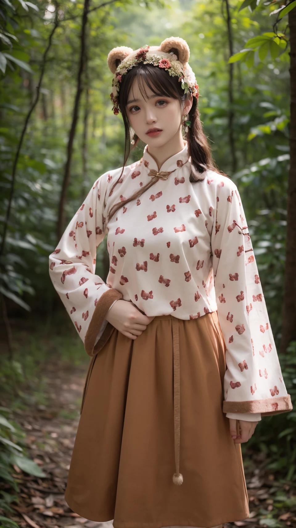 best quality,HDR,UHD,8K,Vivid Colors,solo,photo_,(1girl:1.3),(standing:1.3),(looking at viewer:1.4),Elegant,detailed gorgeous face,(upper body:1.2),bright,(forest background:1.2),(pale skin:1.4),<lora:Twinkle9:0.75>,Twinkle,chinese clothes,bear ears,wide sleeves,sweet print,brown skirt,<lora:Background Detail Enhanced_Si_v3.0:1.5>,