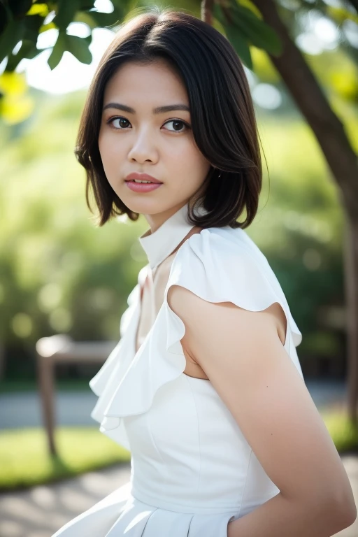 1girl,(RAW photo, best quality), (realistic, photo-realistic:1.4), masterpiece, an extremely delicate and beautiful, extremely detailed, 2k wallpaper, Amazing, finely detail, extremely detailed CG unity 8k wallpaper, ultra-detailed, highres, soft light, beautiful detailed girl, extremely detailed eyes and face, beautiful detailed nose, beautiful detailed eyes,cinematic lighting,perfect anatomy,slender body,
wearing a white peplum dress,white skirt(bokeh:1.2),
at a flower park,sakura flowers,flower garden,
<lora:nikaidofumi_lora:0.8>