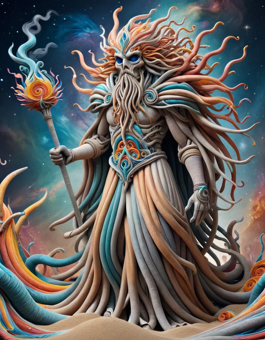 full body, dynamic pose, ral-watrho, crisp focus,ethereal fantasy concept art of intricate paper quilled sand spirit holding staff, complex nebula background, vibrant, beautiful paper quills, hyper detailed, insane depth, gorgeous composition, chaotic but orderly, magnificent, celestial, ethereal, painterly, epic, majestic, magical, fantasy art, cover art, dreamy, magic, surreal, fantasy, digital art, wlop, artgerm and james jean, ultra hd, realistic, vivid colors <lora:ral-watrho:1> ral-watrho