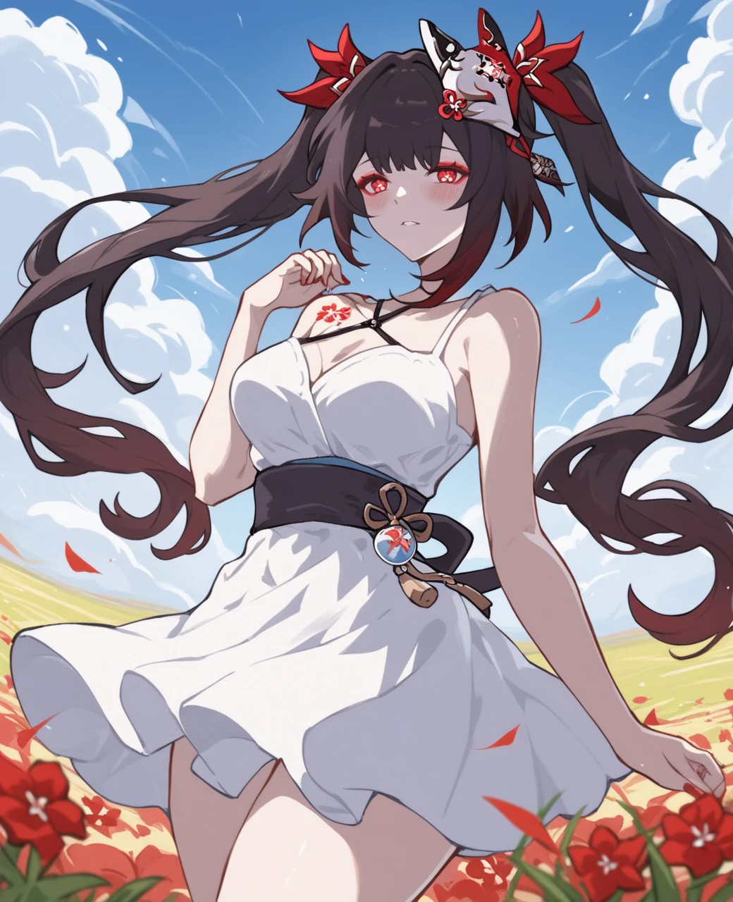 score_9, score_8_up,
sparkle \(honkai: star rail\), 1girl, twintails, black hair, medium breasts, red eyes, red eyeshadow, curvy, blush, sundress, flower field, field, blue sky, cloud,
<lora:SparkleV2-1:1>