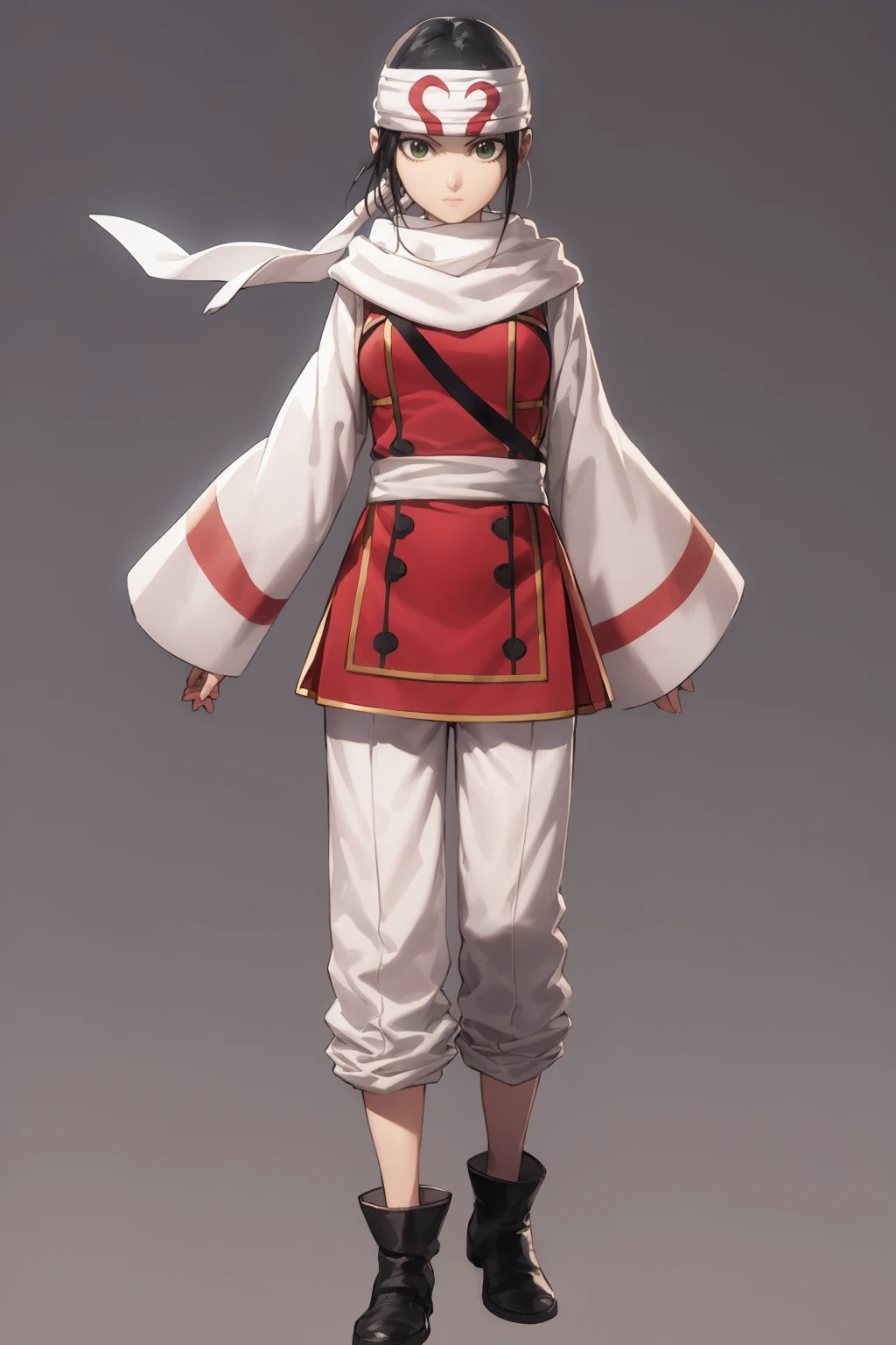 masterpiece, best quality,
1girl, kyoukai, black hair, ponytail, green eyes, headband, white pants, scarf, long sleeves,
full body, standing, contrapposto, solo, looking at viewer, simple background <lora:Kyoukai:1>