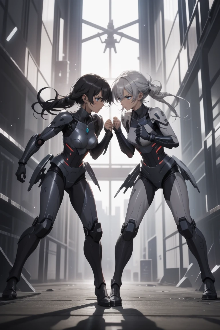 official art,sci-fi, 2girls fighting enemies, battle suit, dutch angle, light effect, battle action, determined face, shout