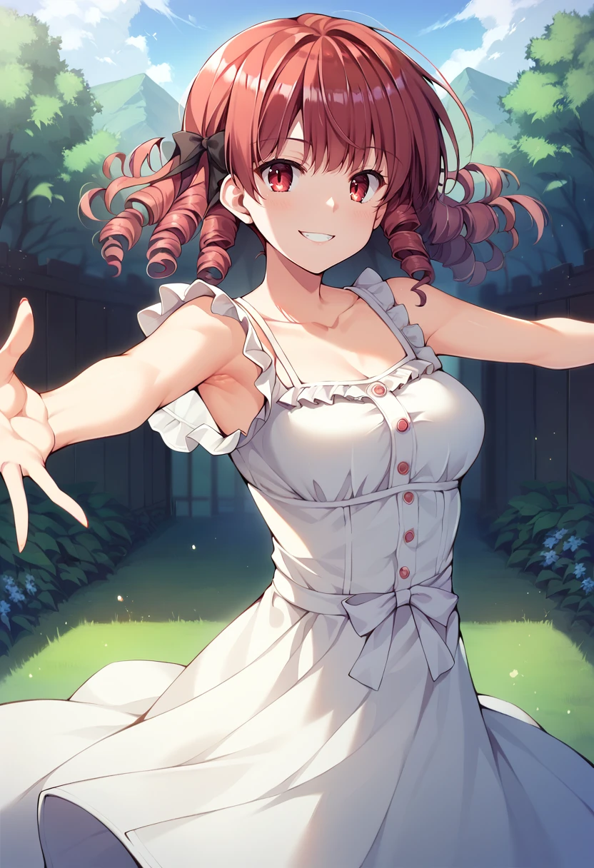 score_9, score_8_up, score_7_up, source_anime, 1girl,red eyes,smile, outdoors, best quality, red hair, ringlets, outstretched arms, portrait, white sundress, <lora:Hinata-Nao-Style-PonyXL-000046:1>